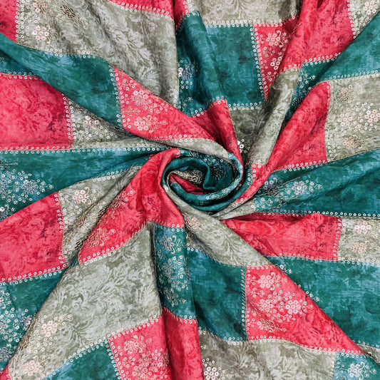 Red With Green Floral Embroidery Sequence Chinnon Chiffon Fabric