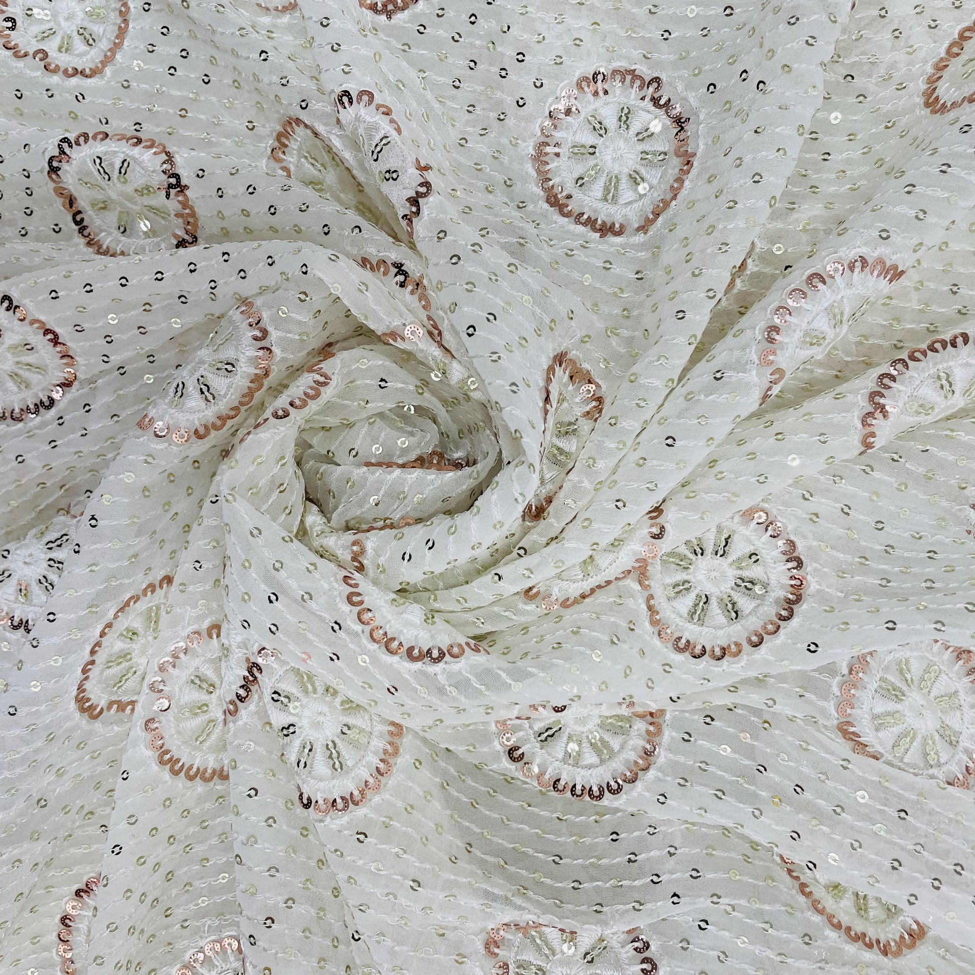 White With Bronze And Gold Floral Embroidery Sequence Dyeable Georgette Fabric - TradeUNO