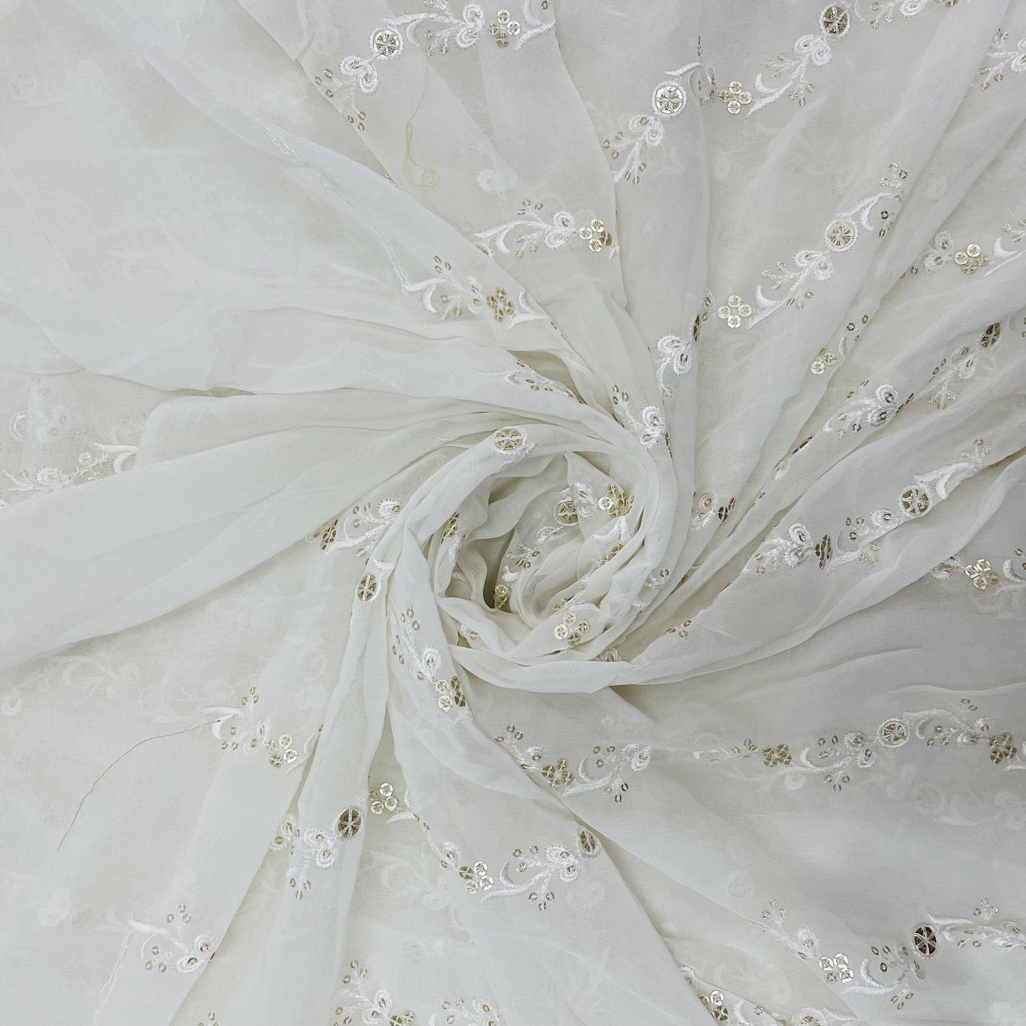 White Gold Thread Embroidery Sequence Dyeable Georgette Fabric - TradeUNO