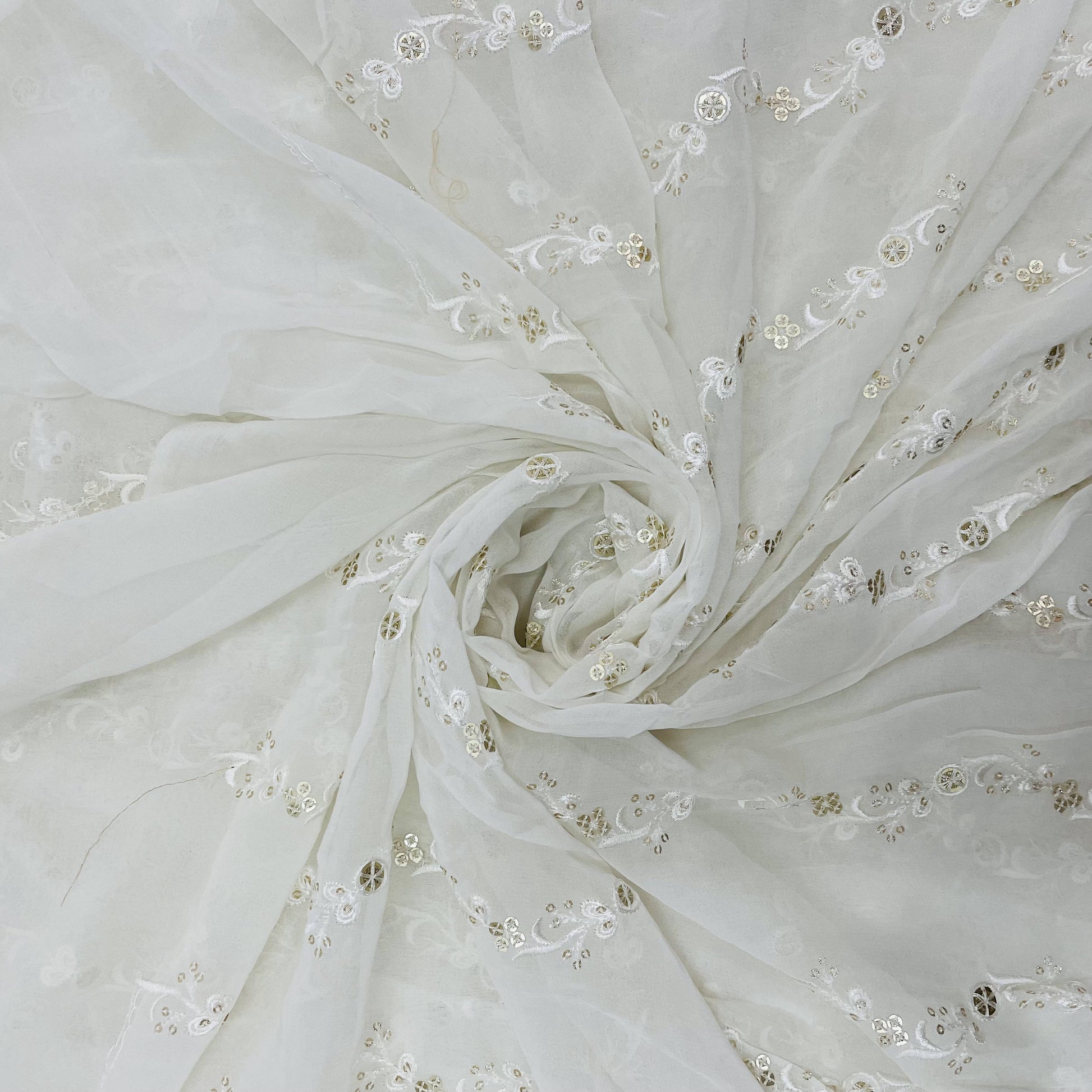 White Gold Thread Embroidery Sequence Dyeable Georgette Fabric - TradeUNO
