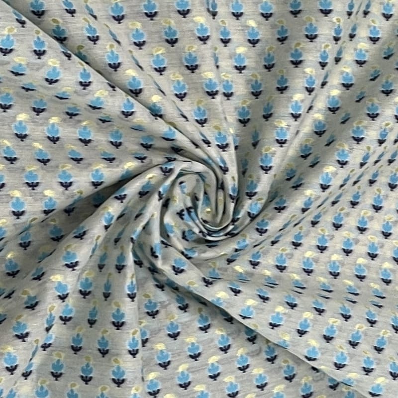 Premium Cream Blue Buti Work Chanderi Fabric