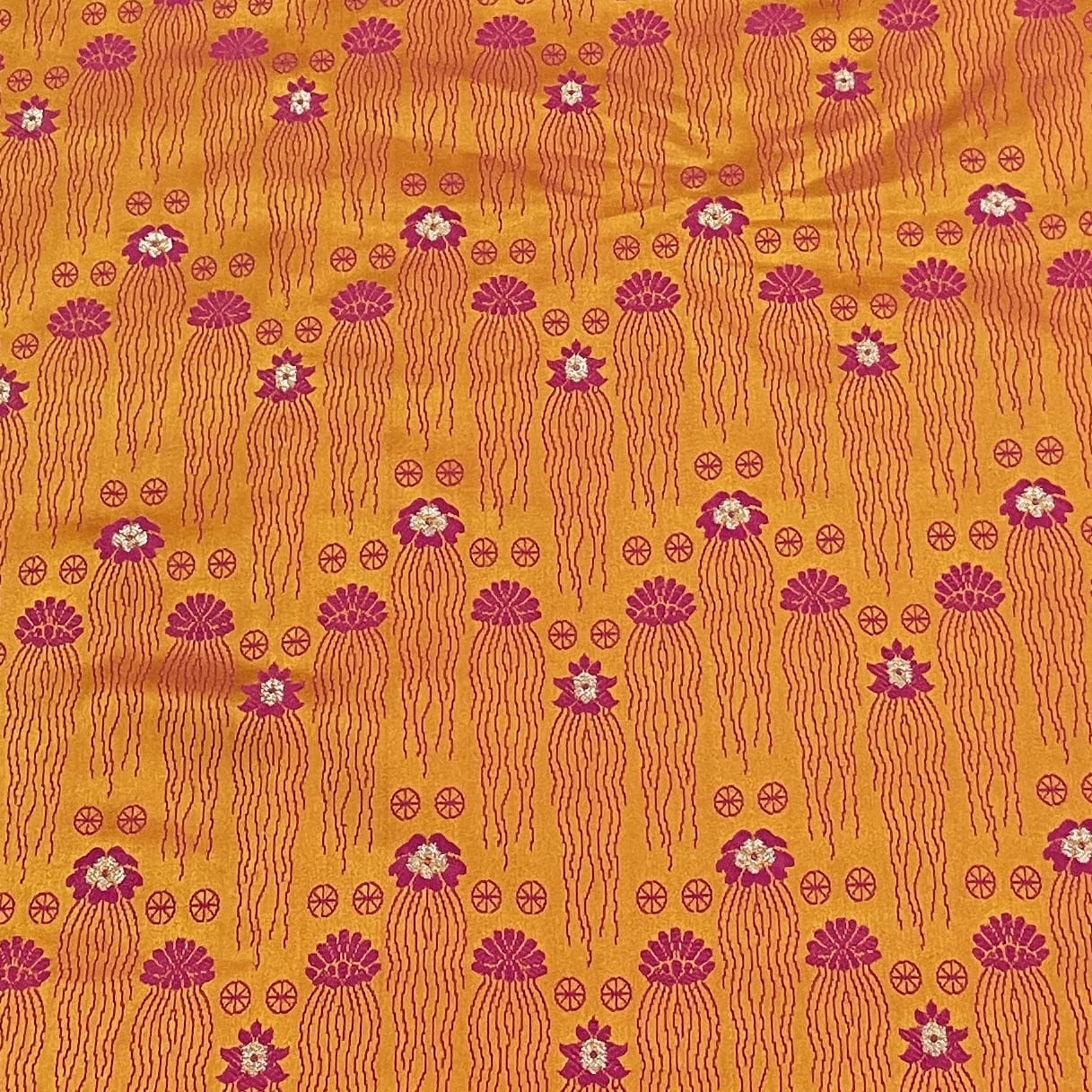 Premium Orange Traditional Print Tanchui Jamewar Silk Fabric