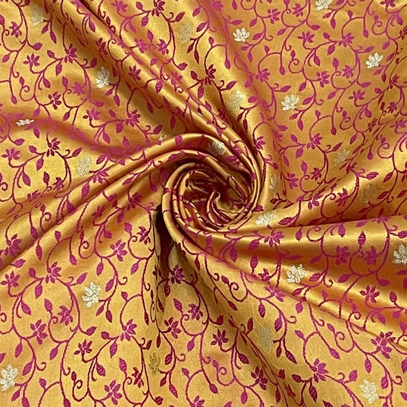 Premium Orange Traditional Floral Print Tanchui Jamewar Silk Fabric