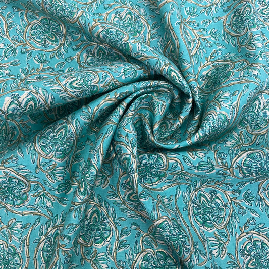 Blue Floral with Foil Print Chanderi Fabric