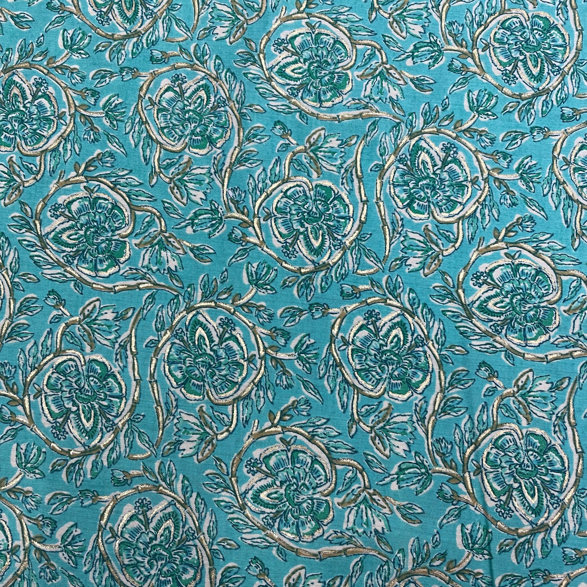 Green Floral With Foil Print Viscose Chanderi Fabric - TradeUNO