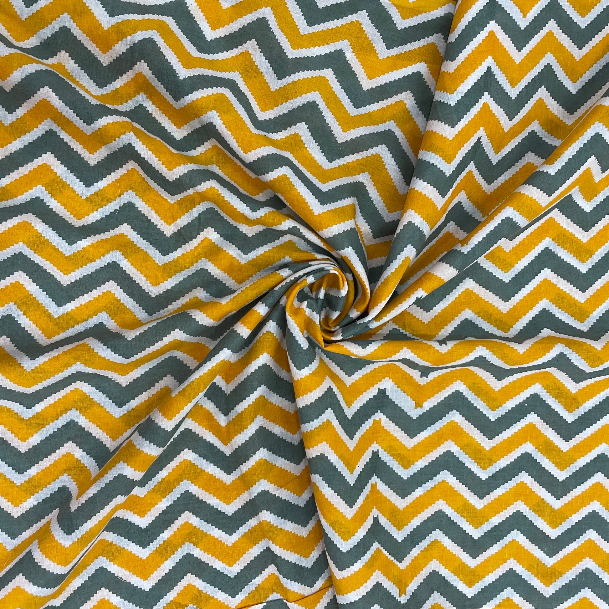 Yellow & Grey Chevron Print Cotton Fabric - TradeUNO