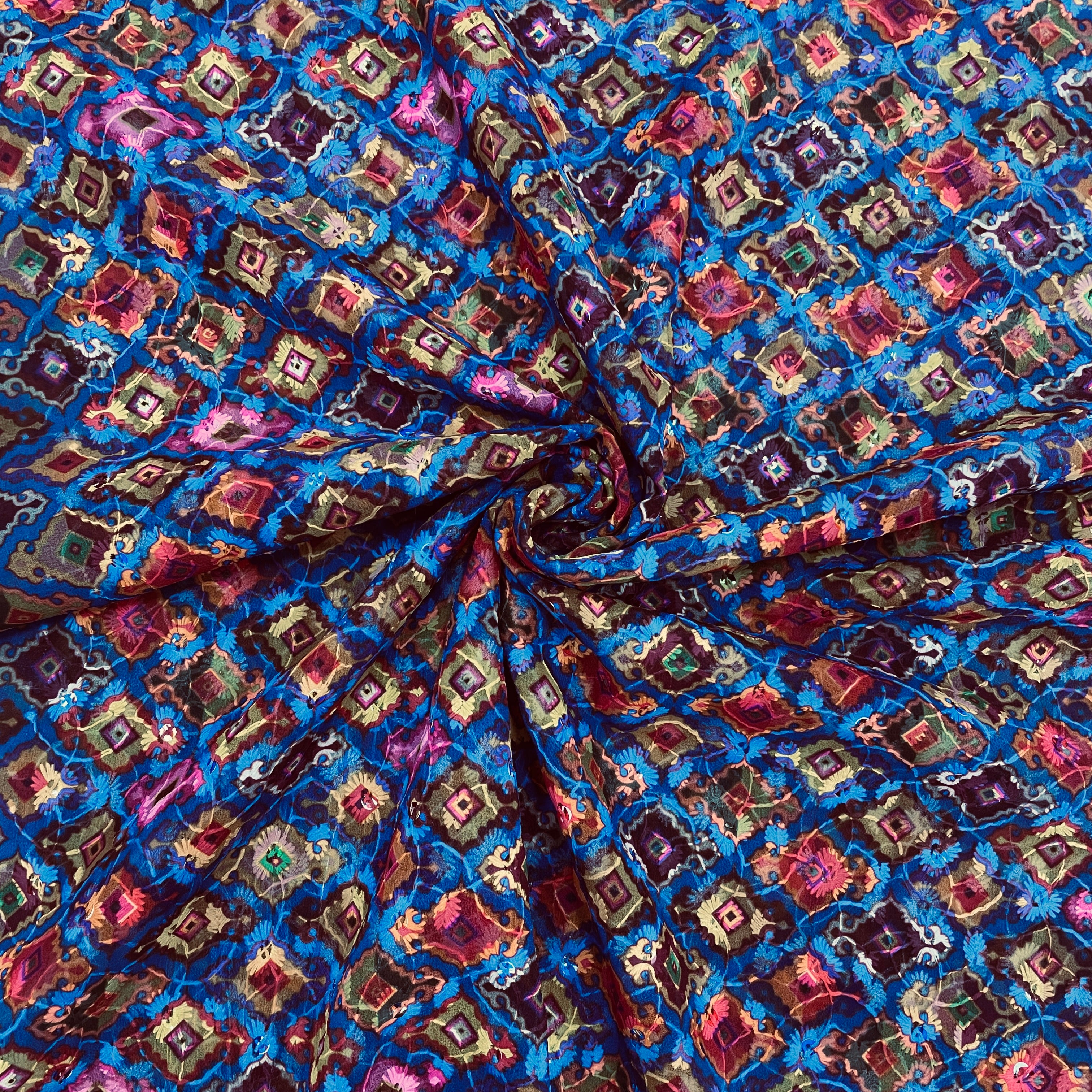 Blue Handblock Print Georgette Fabric - TradeUNO