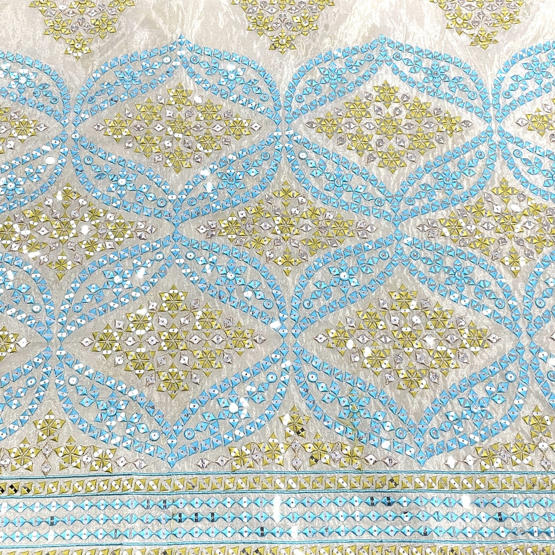 Premium Golden Blue Mirror Work Embroidery Dyeable Viscose Tissue Fabric