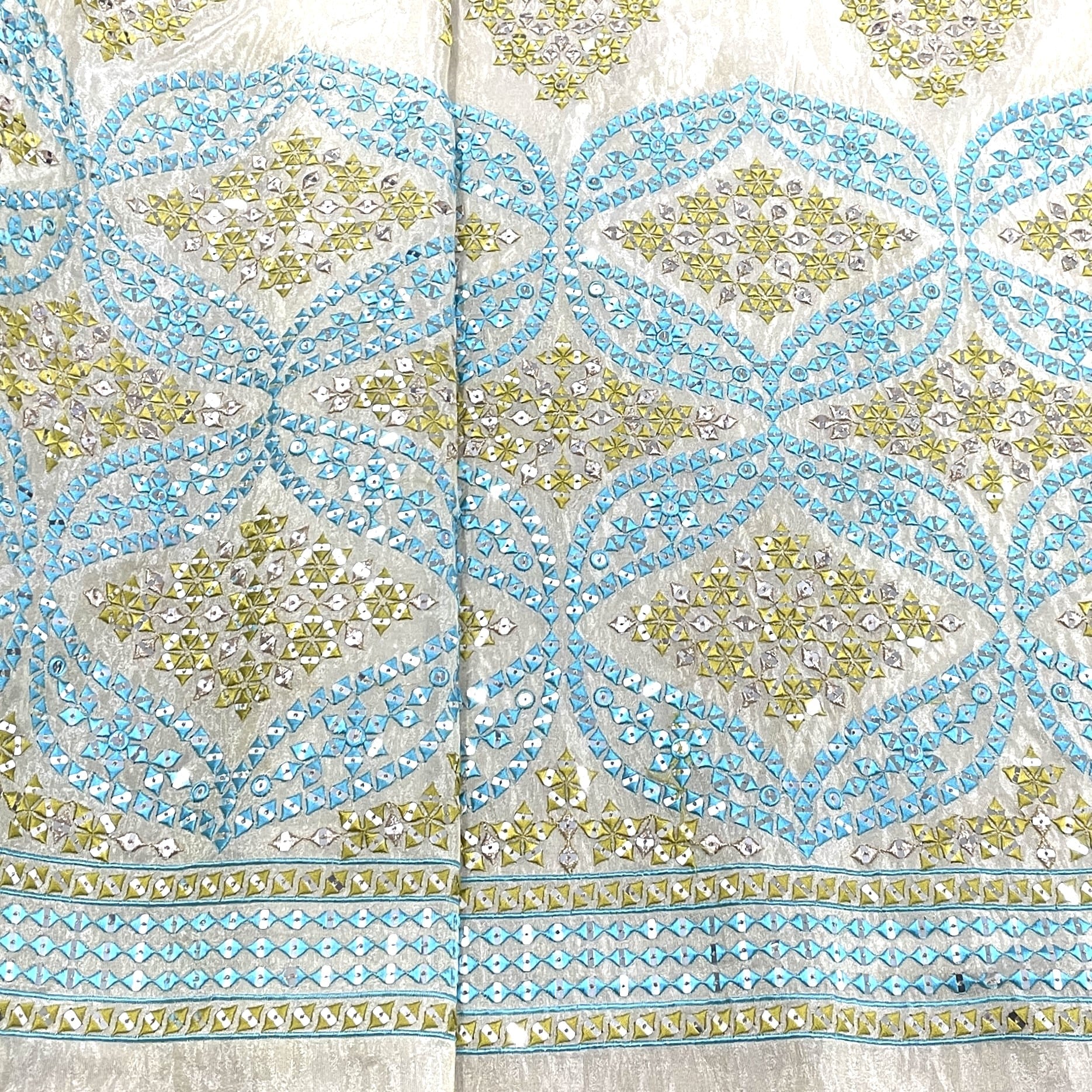 Premium Golden Blue Mirror Work Embroidery Dyeable Viscose Tissue Fabric