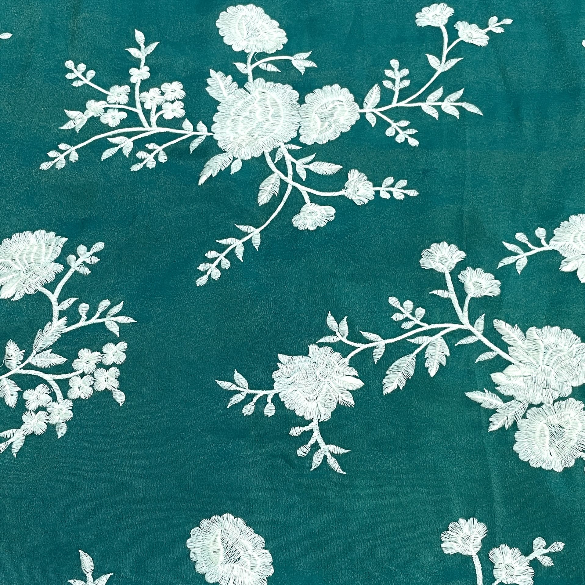 Classic Teal Green White Floral Thread Embroidery Tissue Organza Fabric