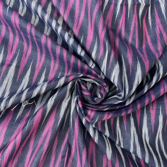 Dark Blue With Pink Ikkat Print Cotton Fabric