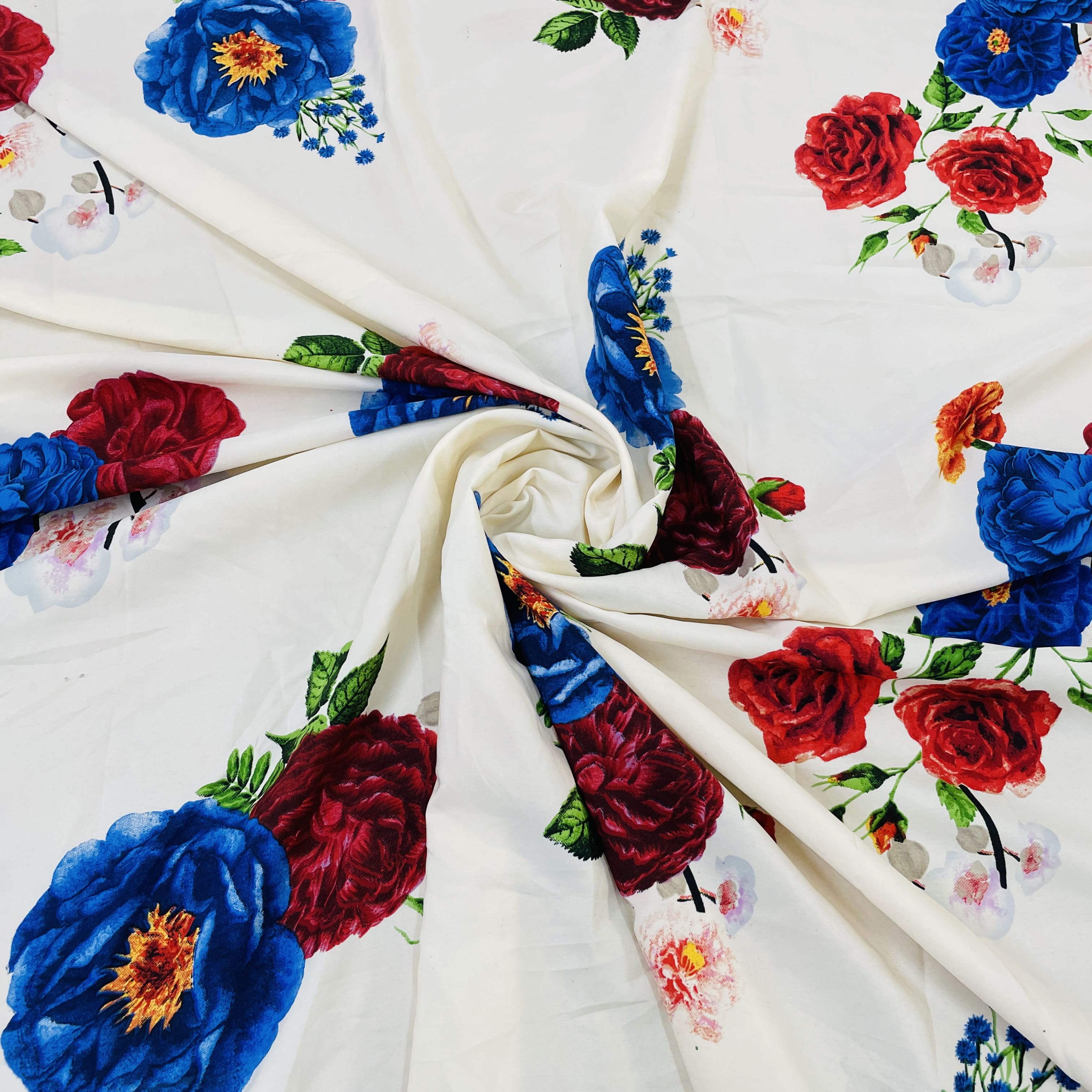 Premium Cream & Multicolor Floral Print Satin Fabric