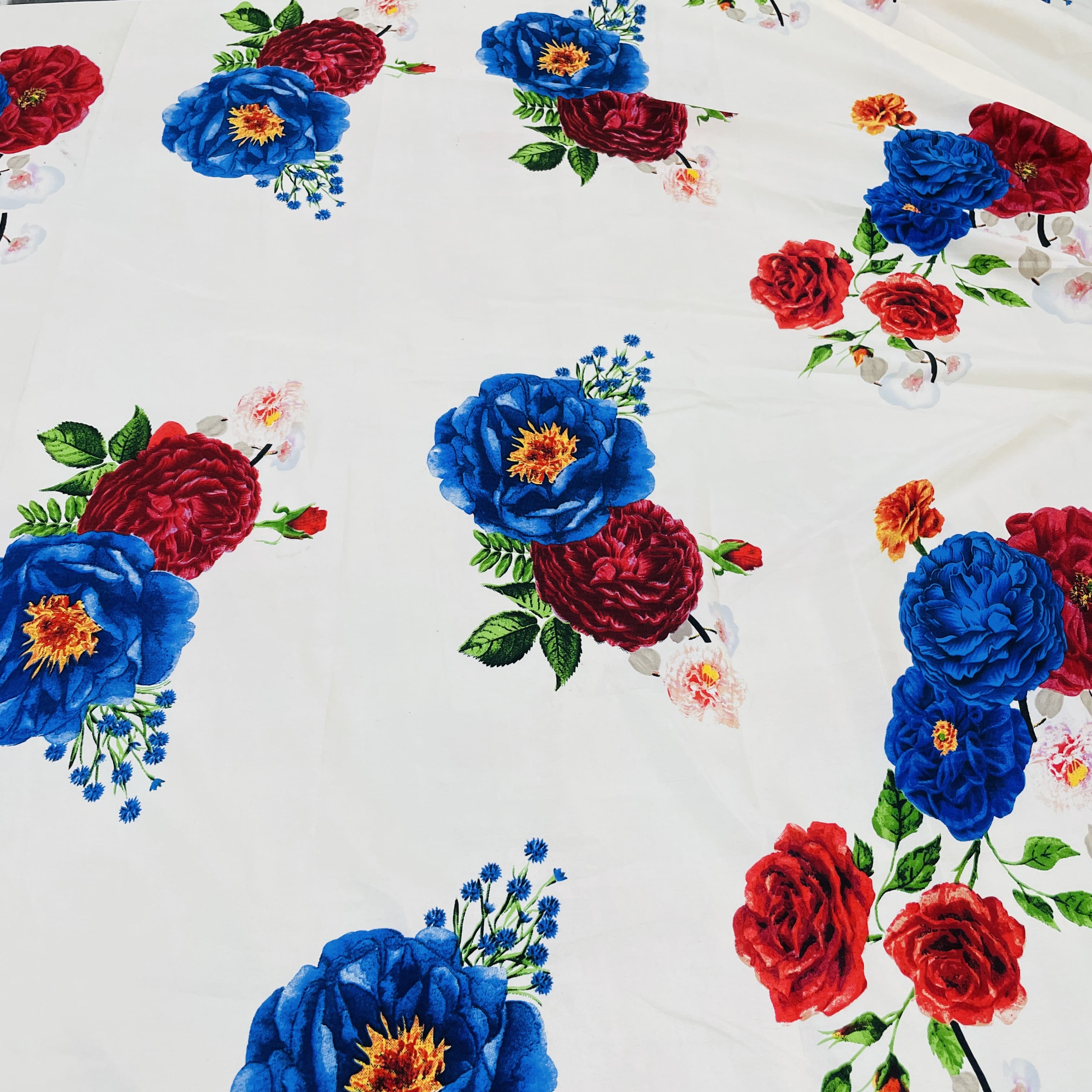 Premium Cream & Multicolor Floral Print Satin Fabric