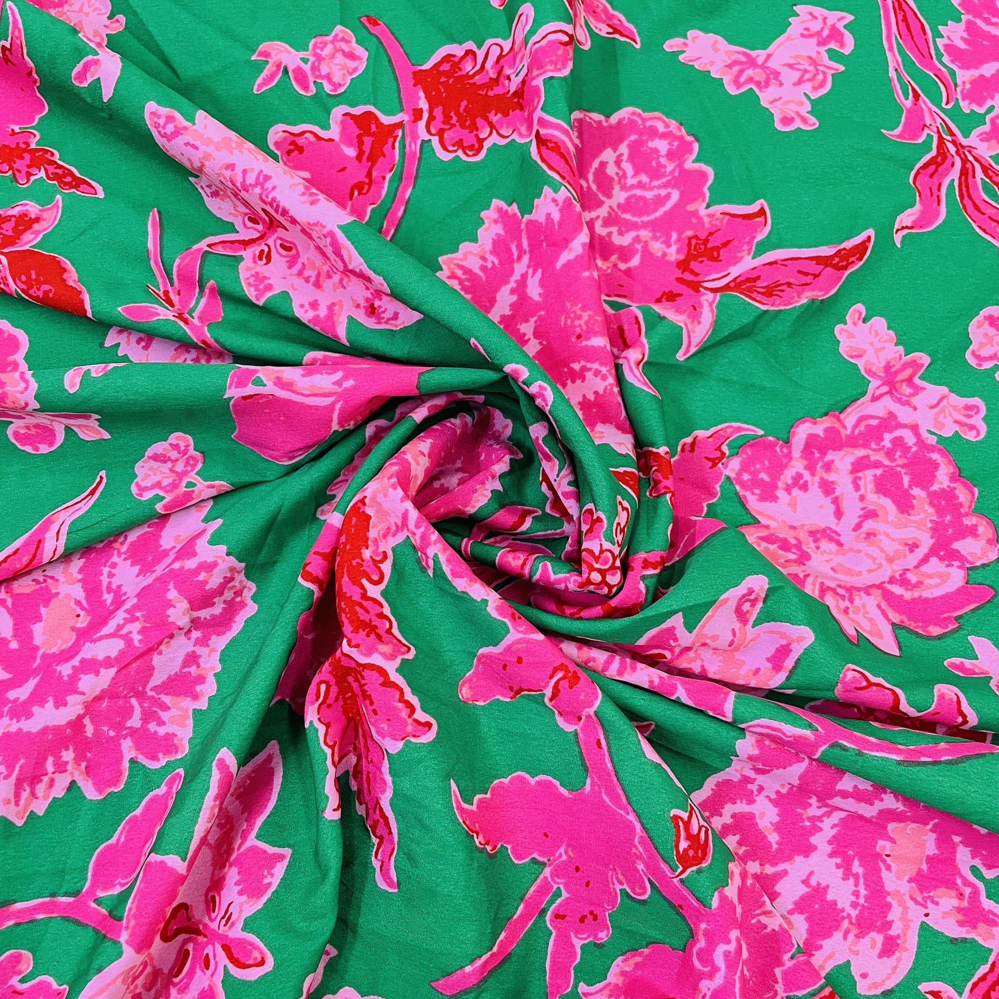 Premium Green & Pink Floral Print Satin Fabric