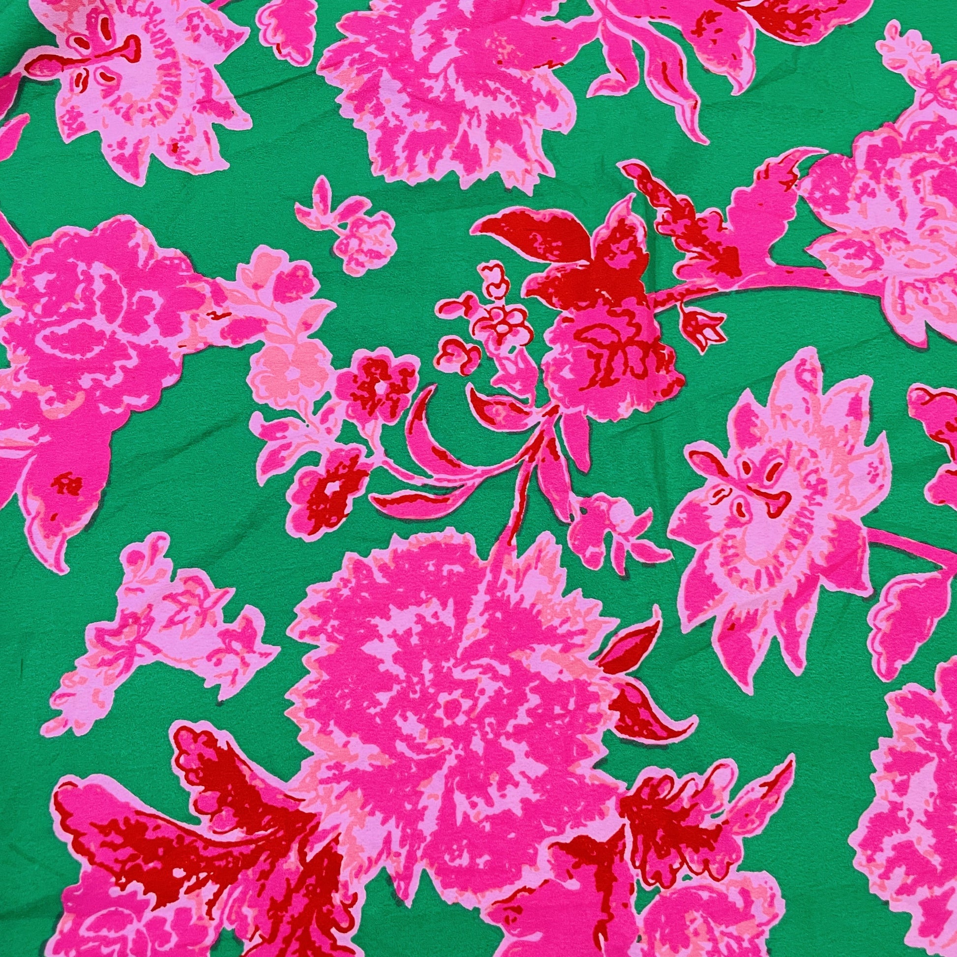 Premium Green & Pink Floral Print Satin Fabric