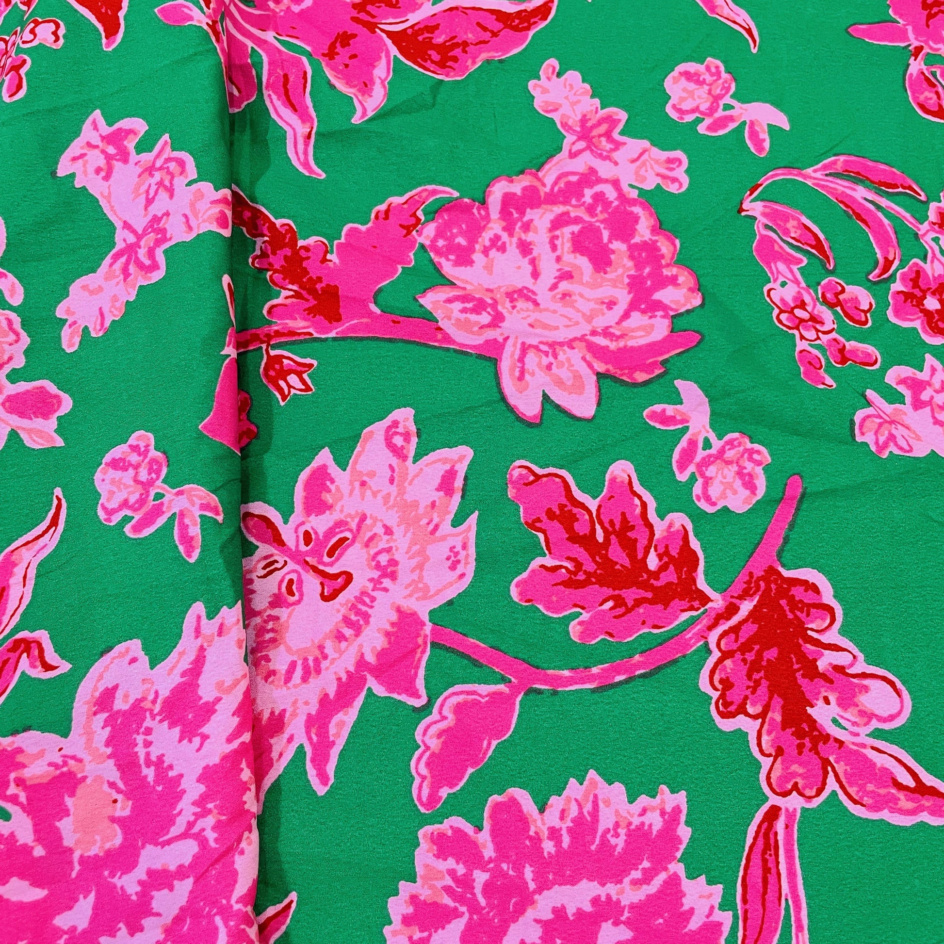 Premium Green & Pink Floral Print Satin Fabric