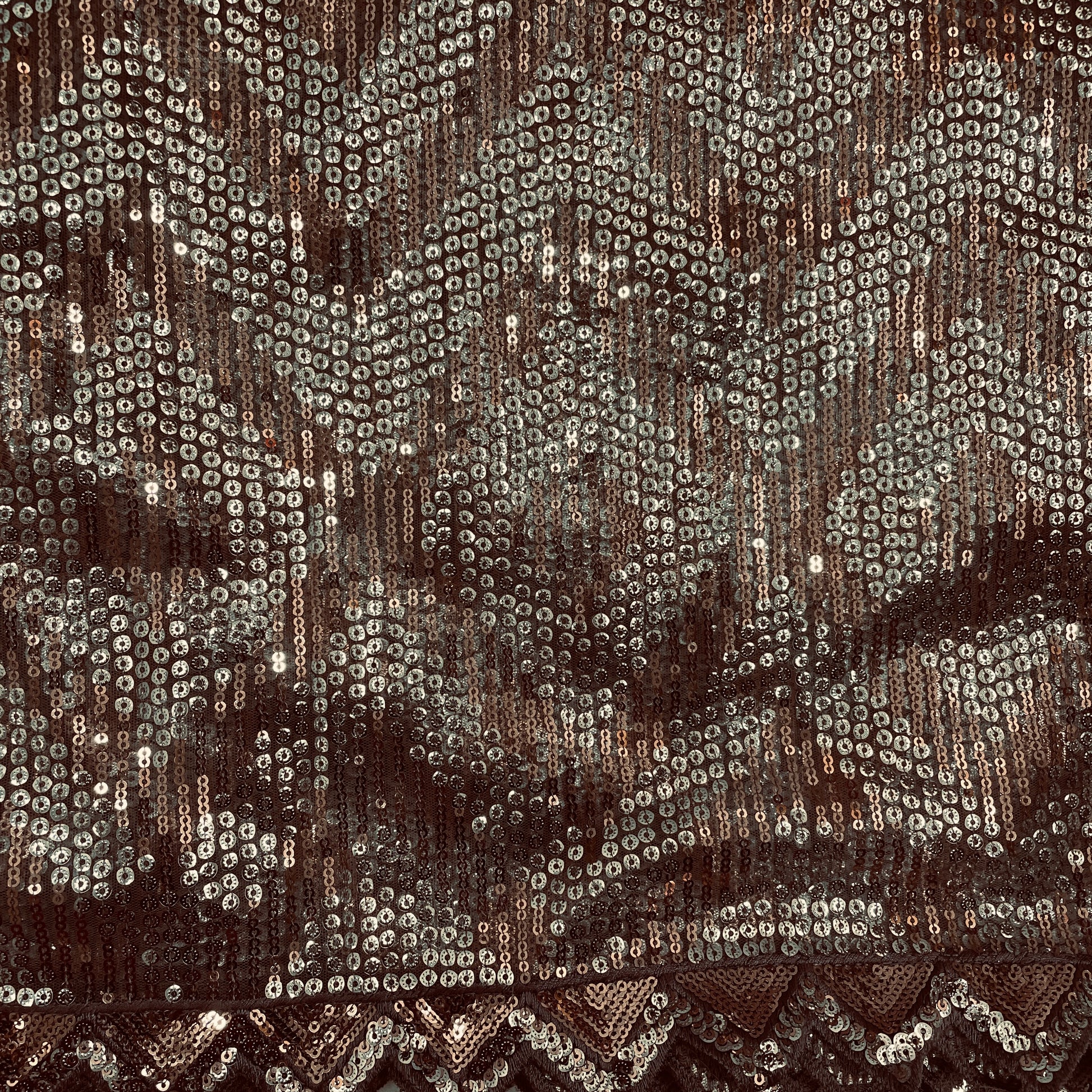 Grey With Brown Silver Chevron Sequence Embroidery Net Fabric - TradeUNO