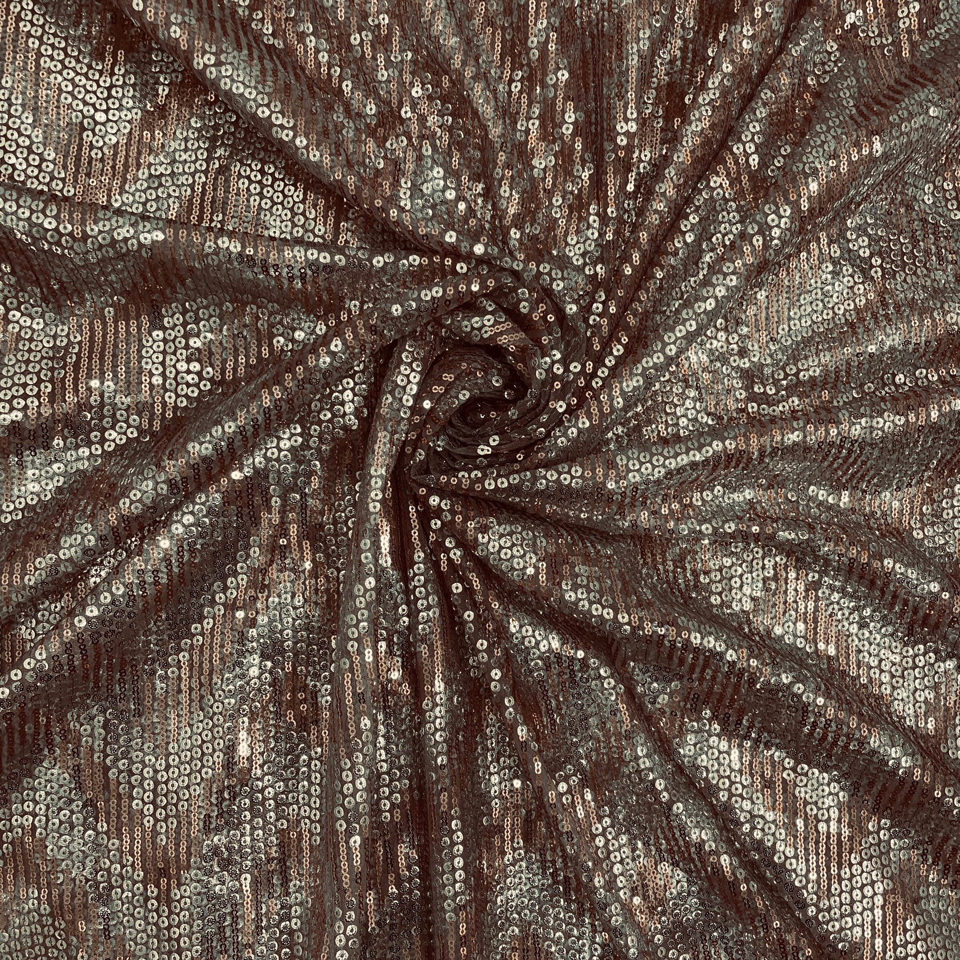 Grey With Brown Silver Chevron Sequence Embroidery Net Fabric - TradeUNO