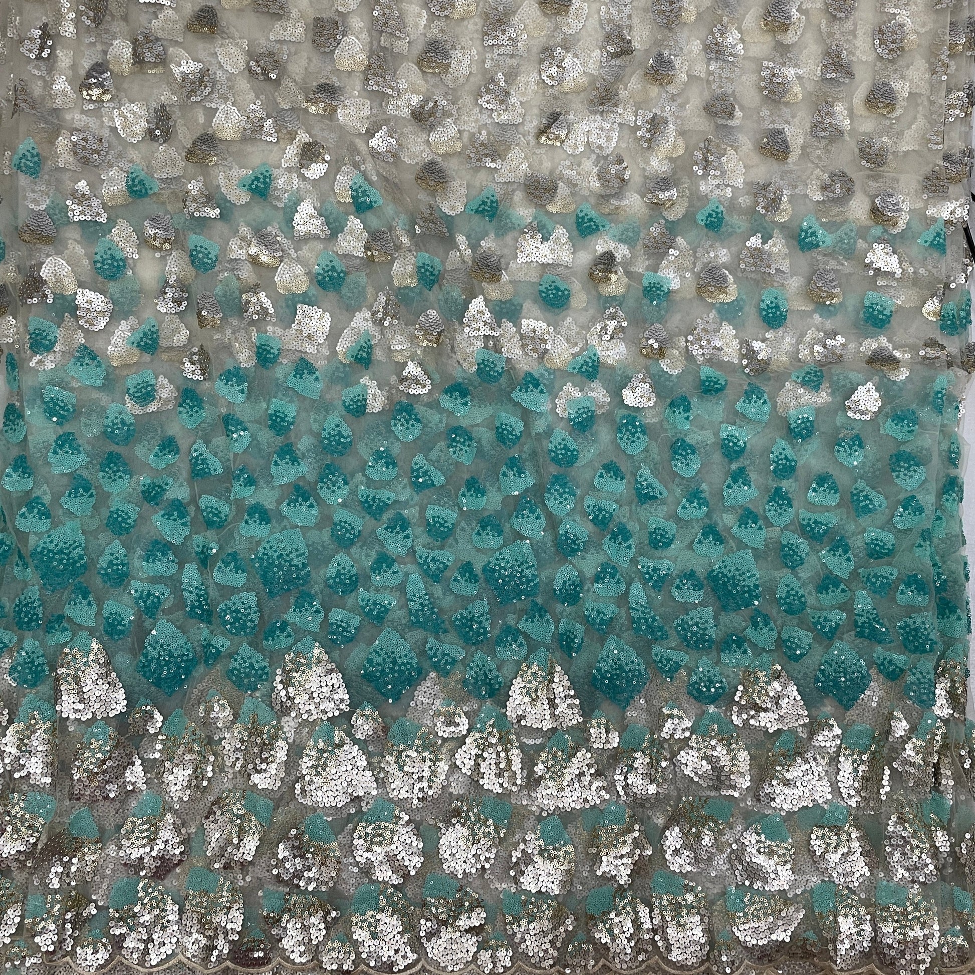 Cream With Green Ombre Sequence Embroidery Net Fabric - TradeUNO