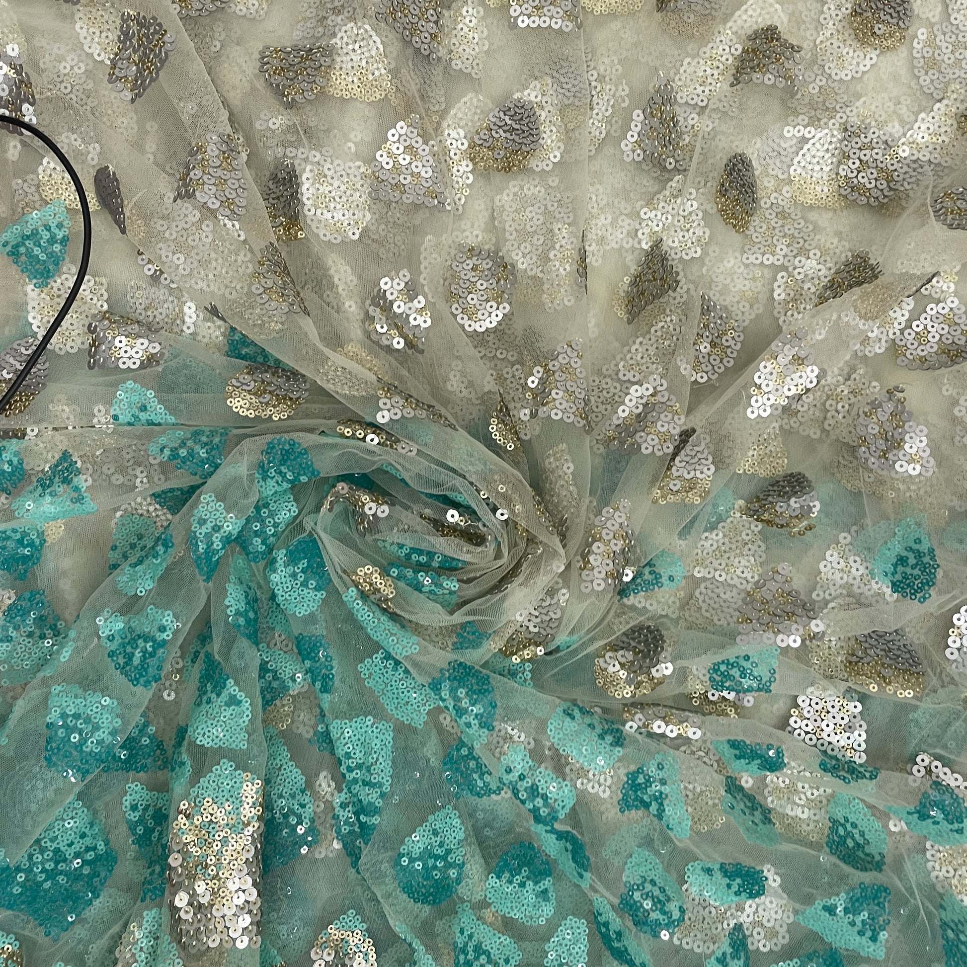 Cream With Green Ombre Sequence Embroidery Net Fabric - TradeUNO