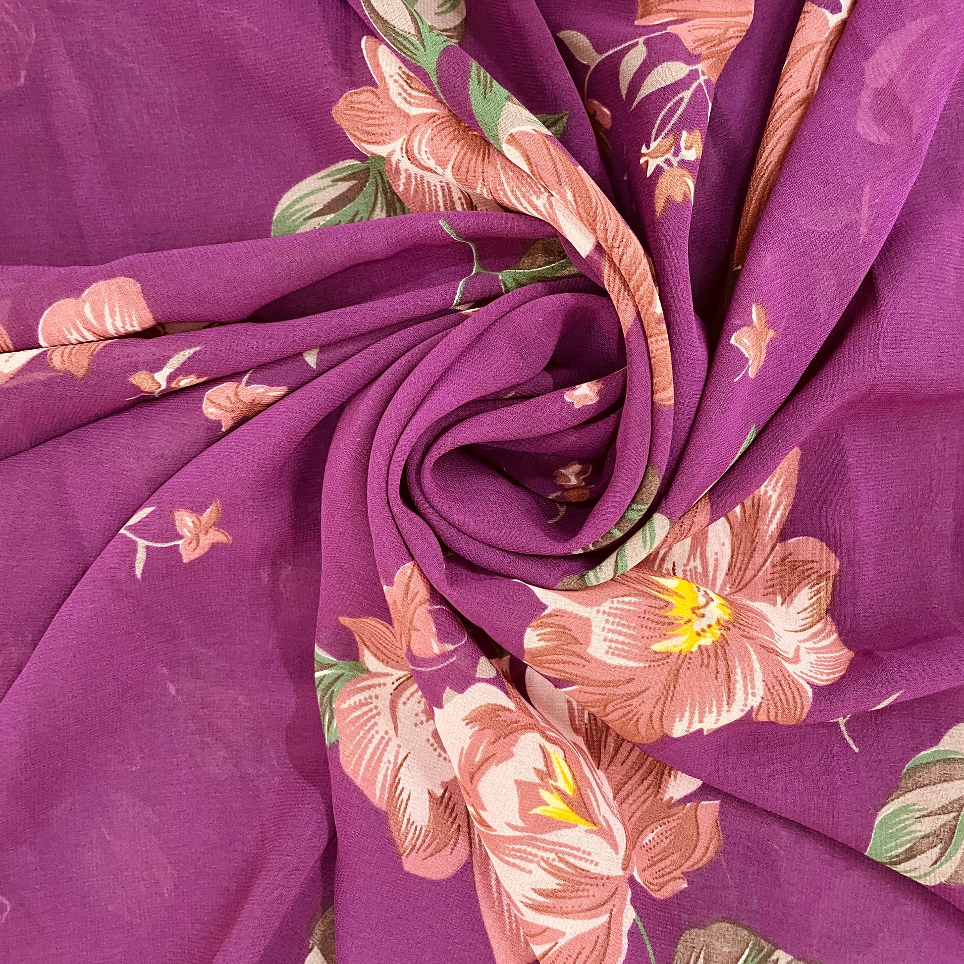 Purple With Pink Floral Print Georgette Fabric - TradeUNO