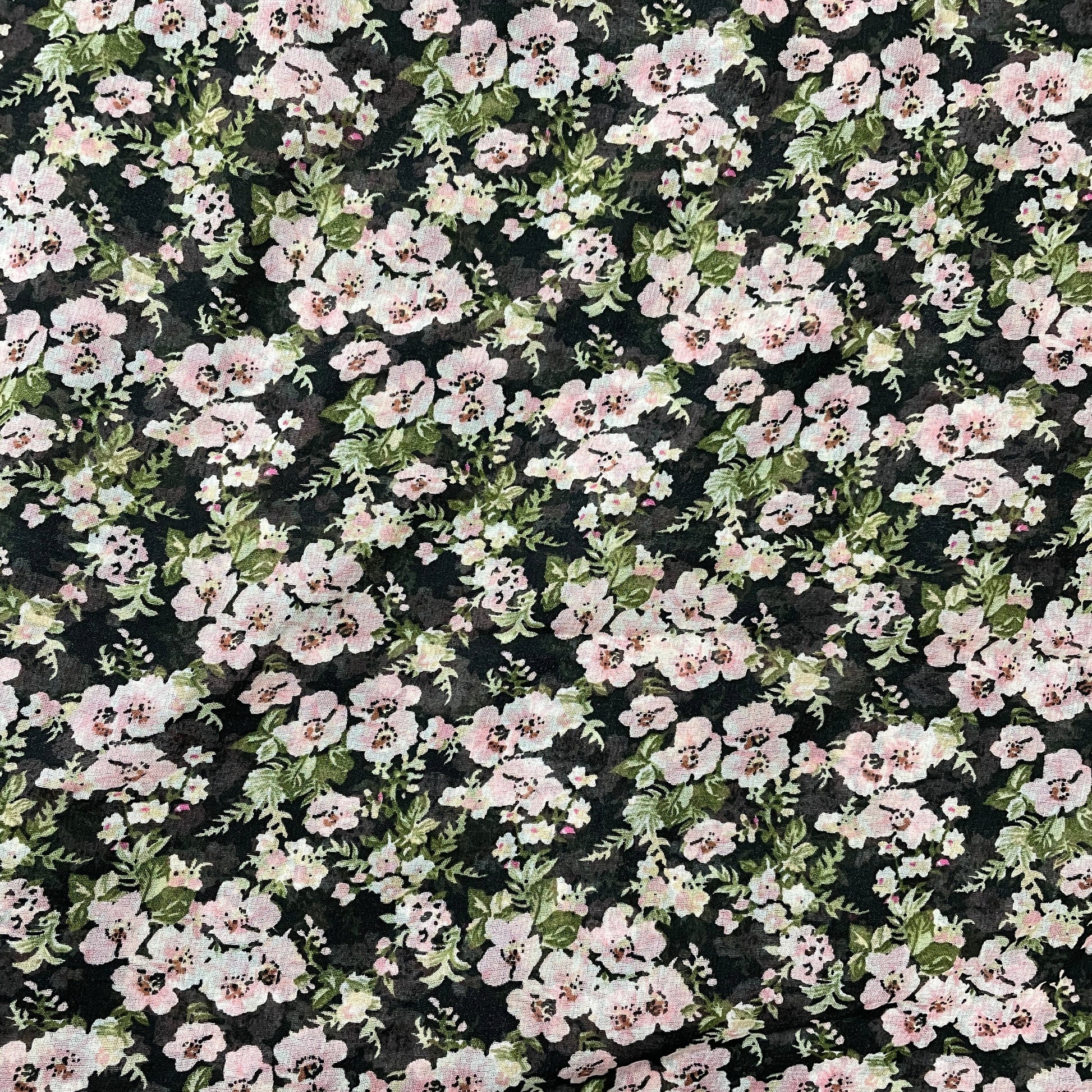 Black With Baby Pink Floral Print Georgette Fabric - TradeUNO