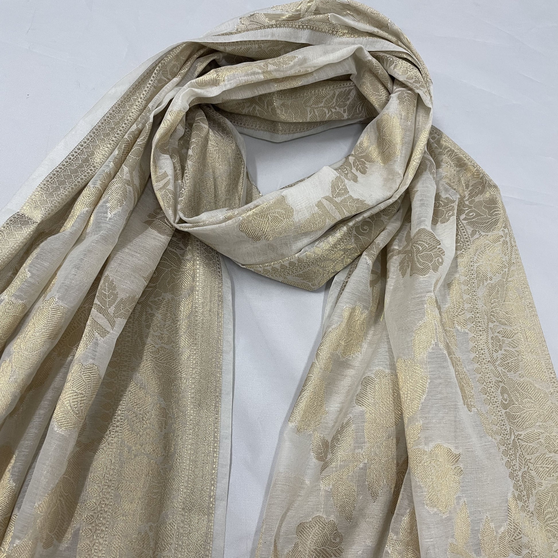 Premium Off White Floral Foil Work Chanderi Silk Jacquard Dyeable Dupatta