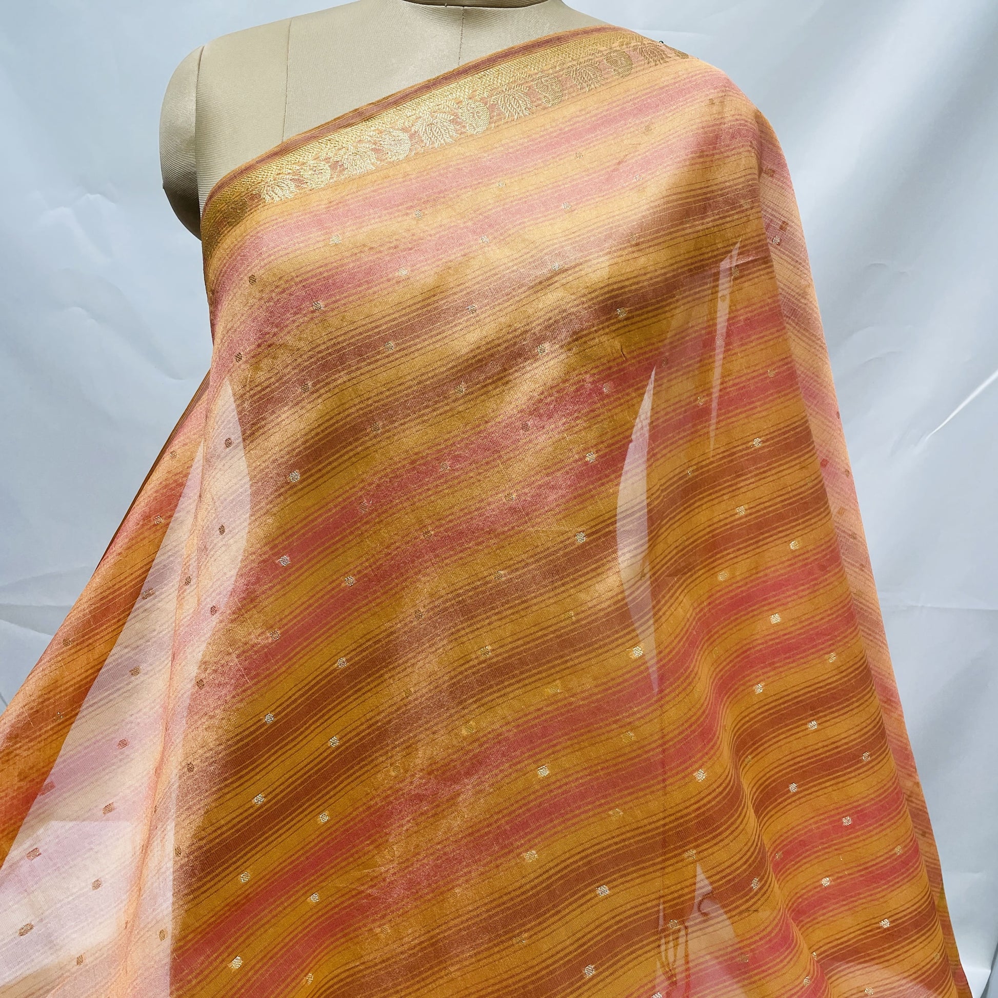 Premium Orange Golden Foil Buti Work Chanderi Silk Jacquard Dupatta