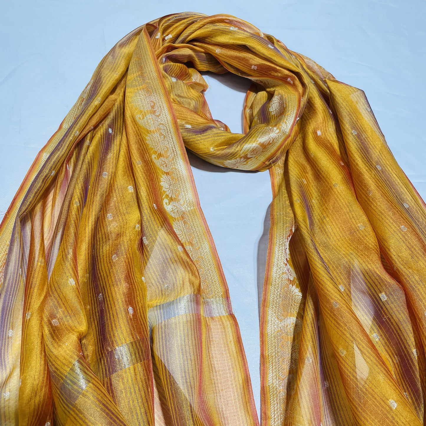 Premium Mustard Yellow Golden Foil Buti Work Chanderi Silk Jacquard Dupatta