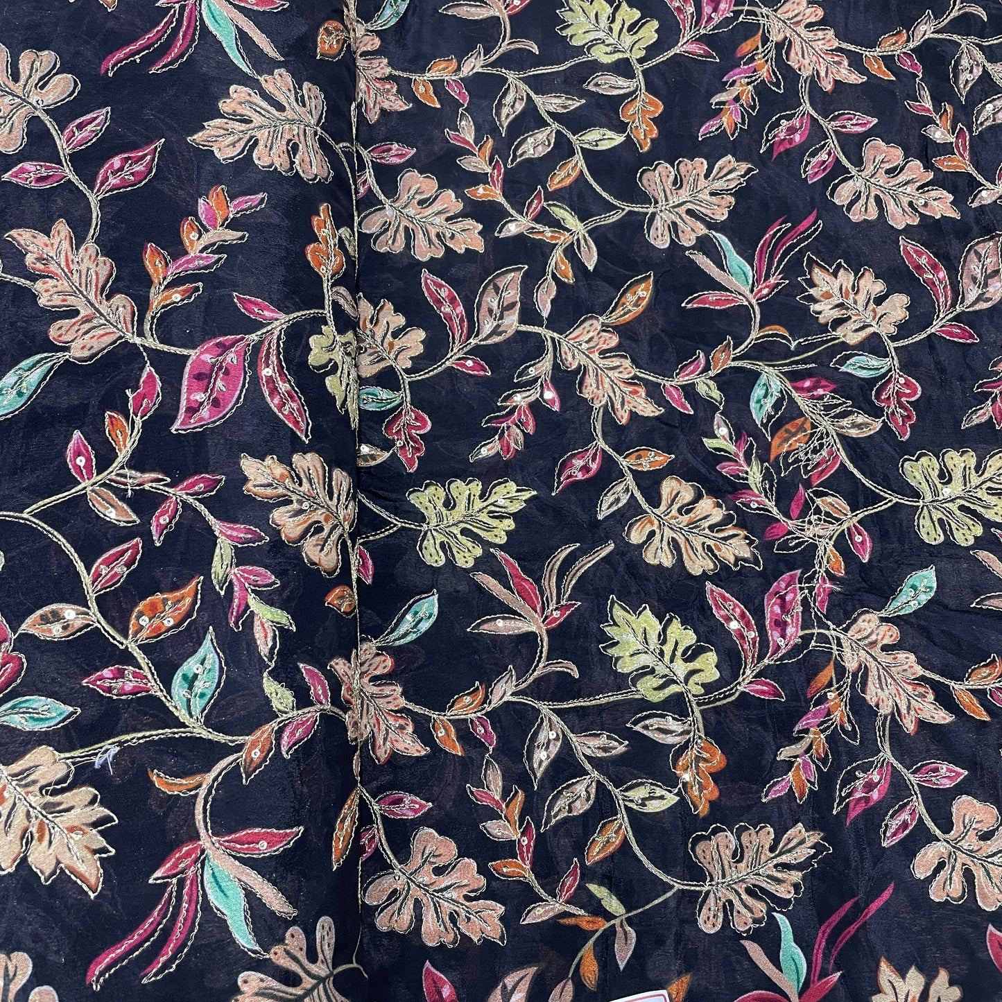 Black With Multicolour Floral Embroidery Sequence Chinon Fabric - TradeUNO