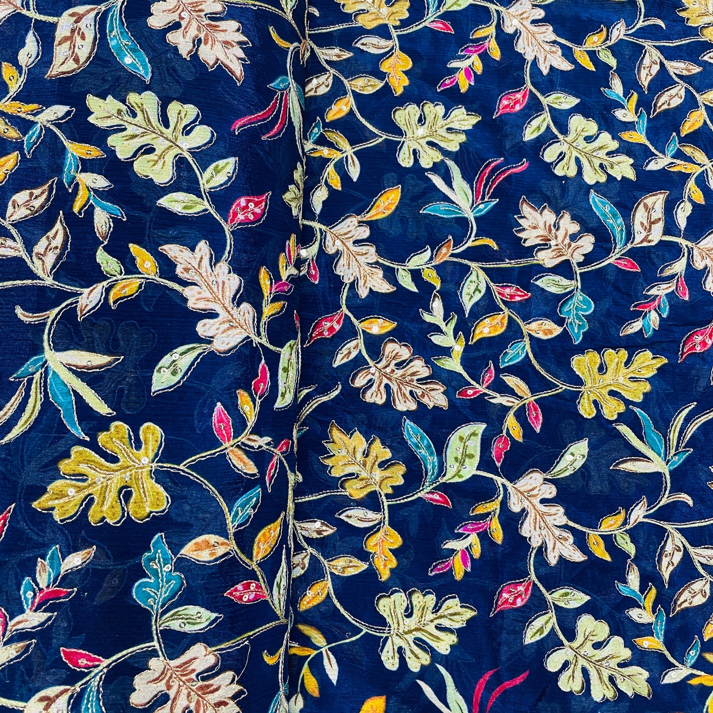 Navy Blue With Multicolour Floral Embroidery Sequence Chinon Fabric - TradeUNO
