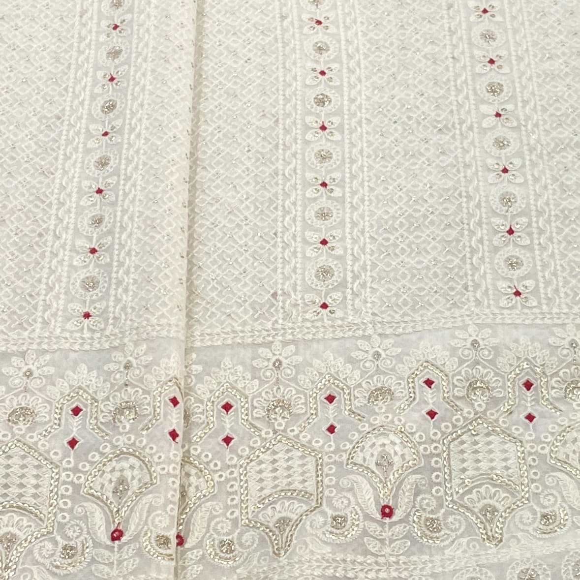 Classic White Red Thread Sequence Embroidery Dyeable Georgette Fabric