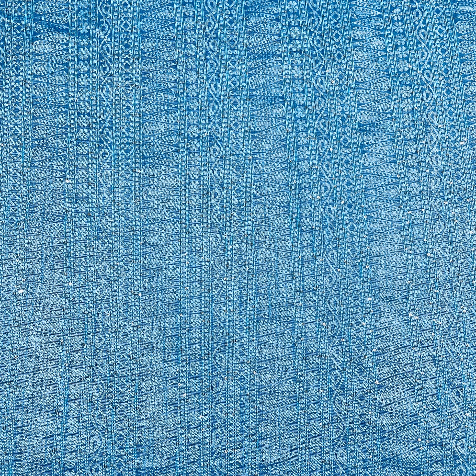 Blue With Sky Blue Embroidery Traditional Brocade Fabric - TradeUNO