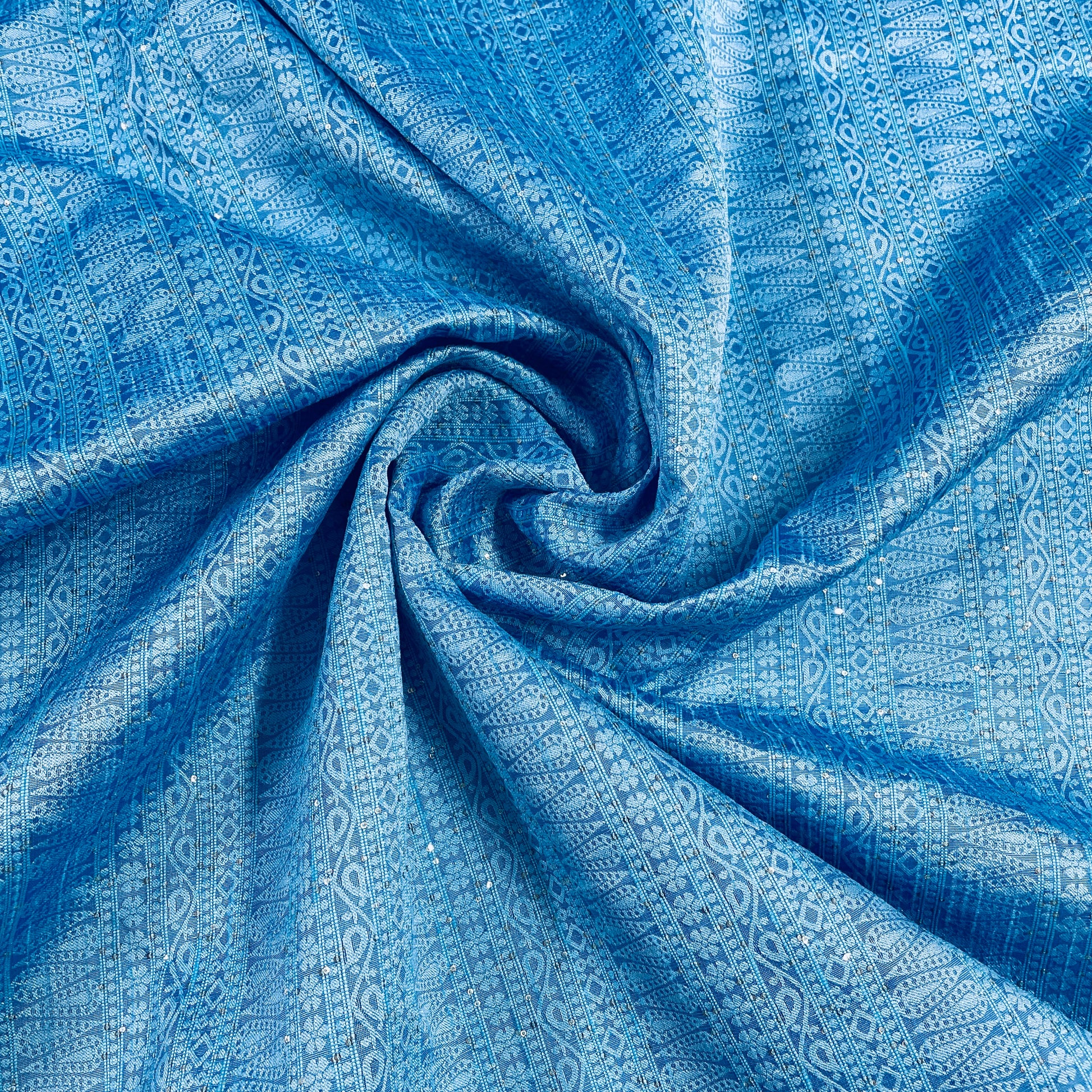 Blue With Sky Blue Embroidery Traditional Brocade Fabric - TradeUNO