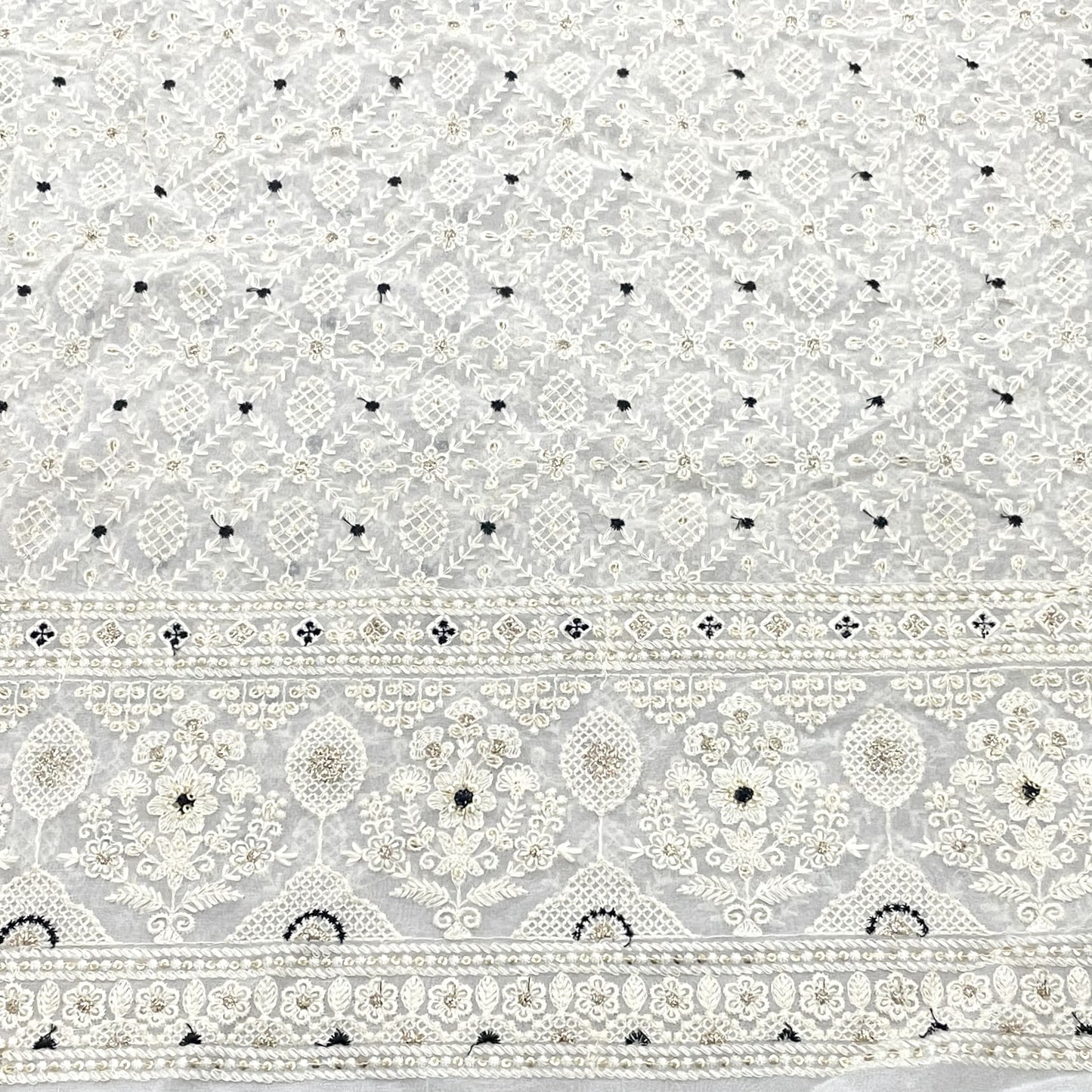 Classic White Black Thread Sequence Embroidery Dyeable Georgette Fabric