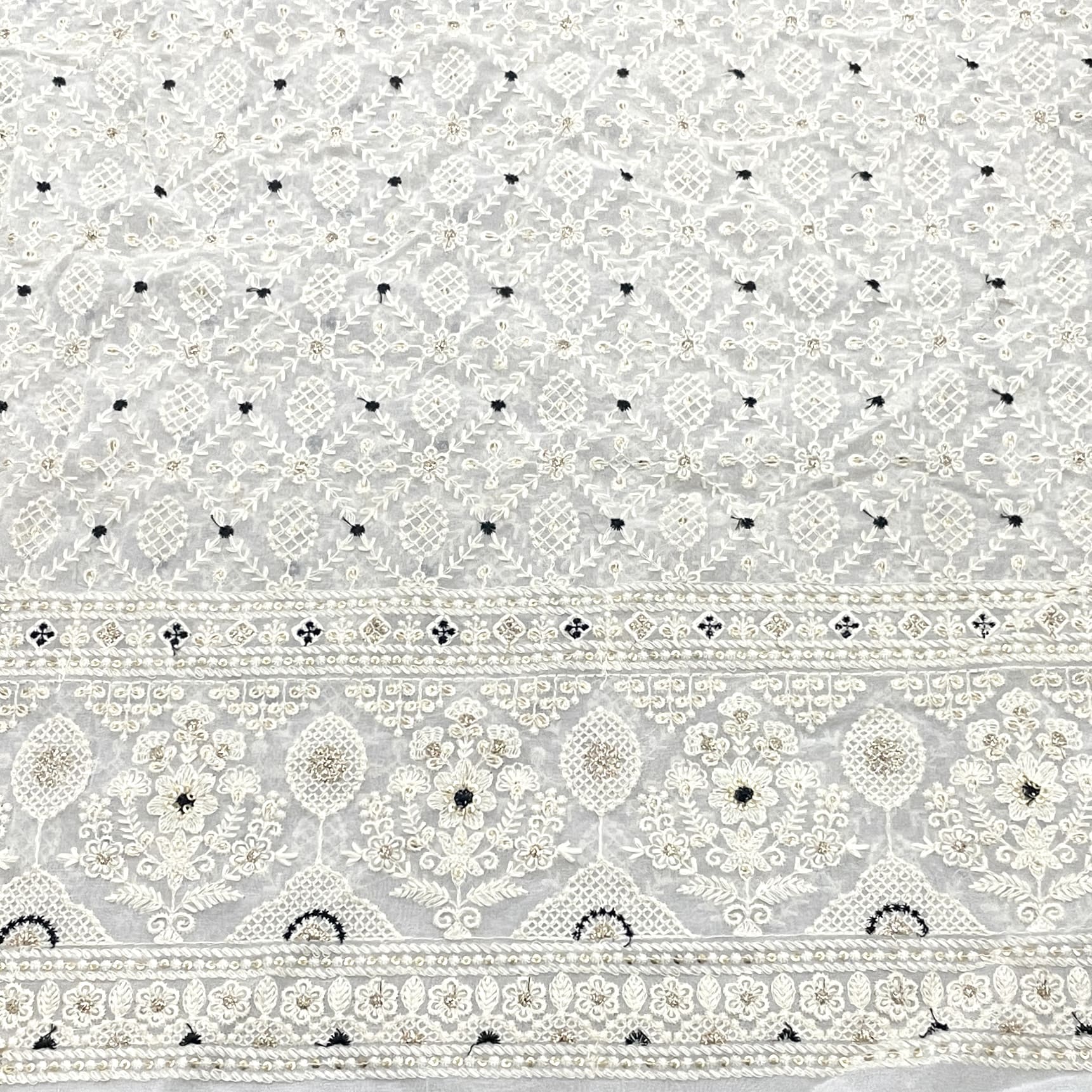 Classic White Black Thread Sequence Embroidery Dyeable Georgette Fabric