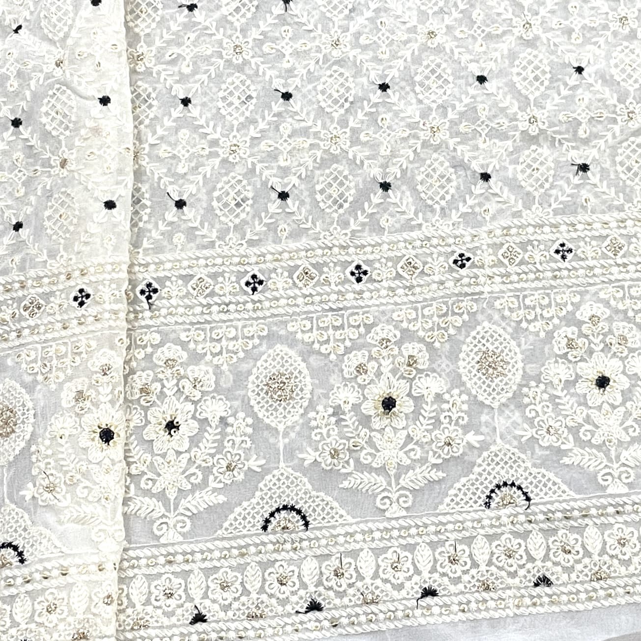Classic White Black Thread Sequence Embroidery Dyeable Georgette Fabric