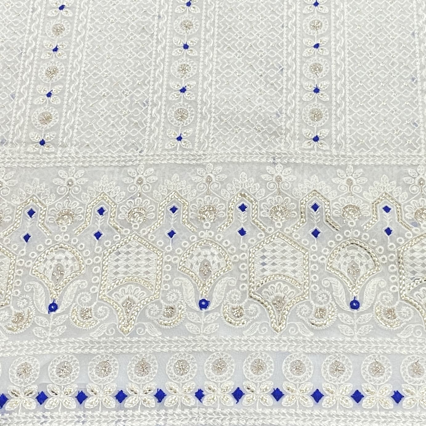 Classic White Blue Thread Sequence Embroidery Dyeable Georgette Fabric