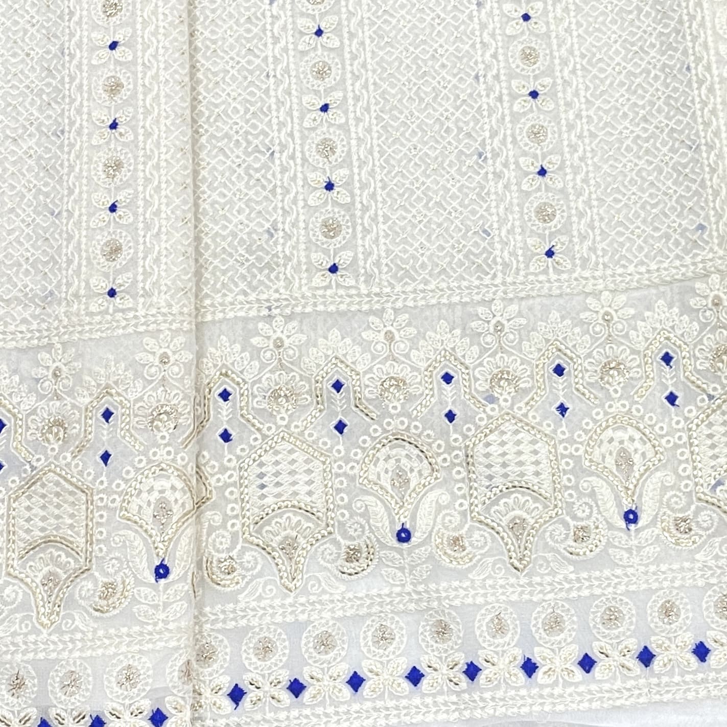 Classic White Blue Thread Sequence Embroidery Dyeable Georgette Fabric