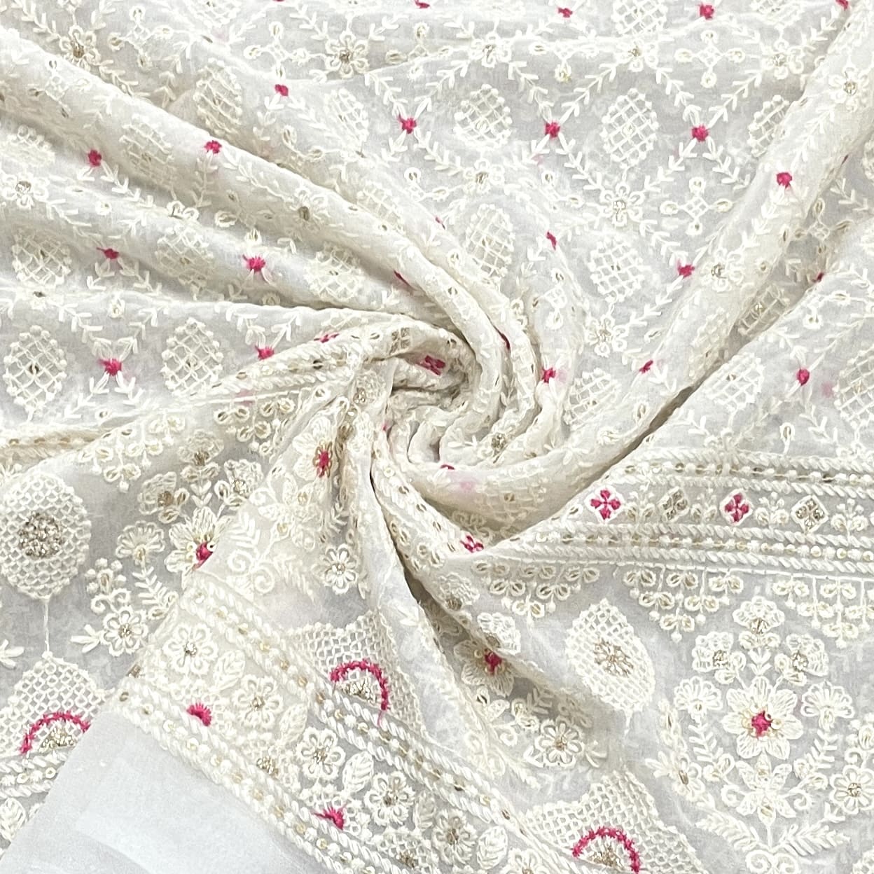Classic White Pink Thread Sequence Embroidery Dyeable Georgette Fabric