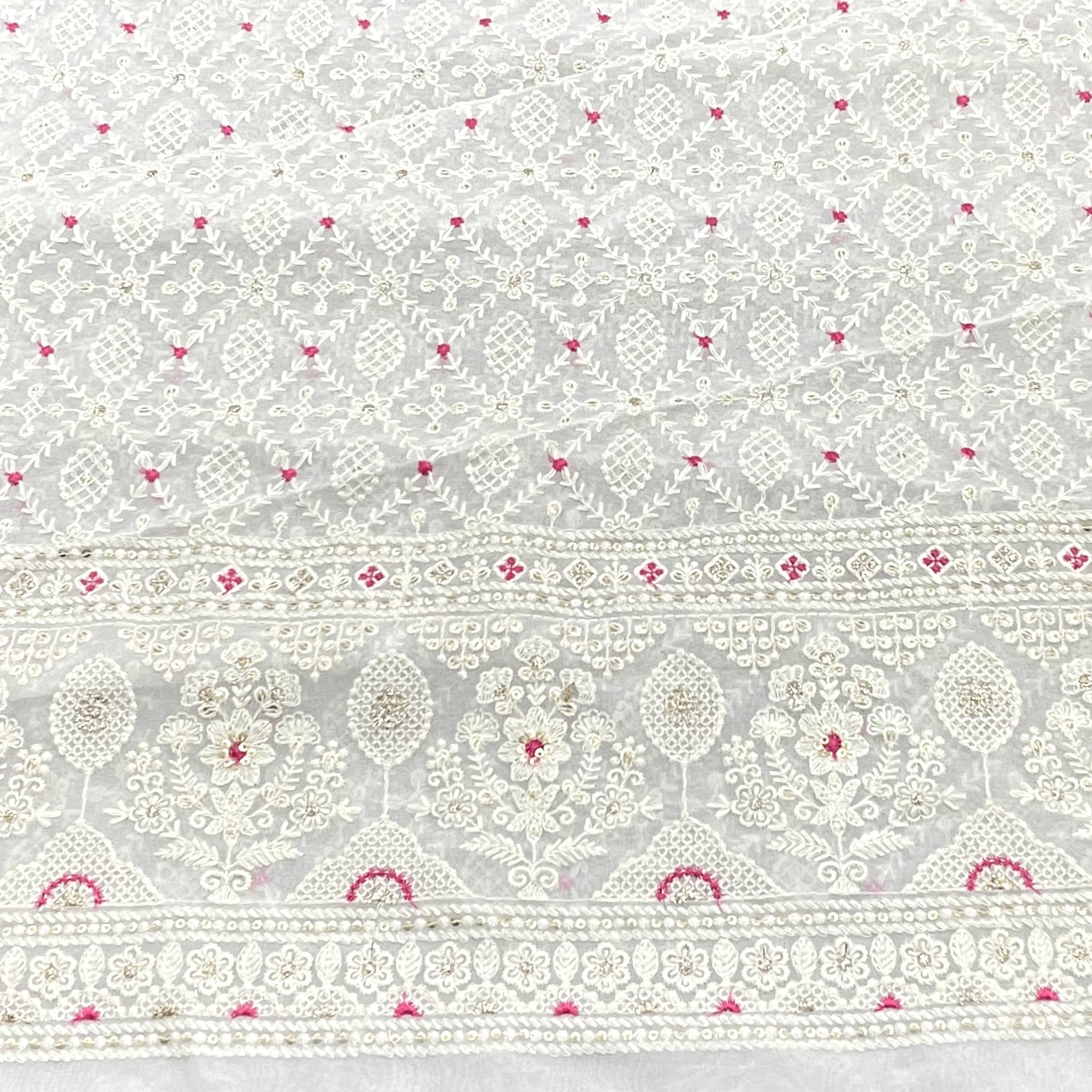 Classic White Pink Thread Sequence Embroidery Dyeable Georgette Fabric