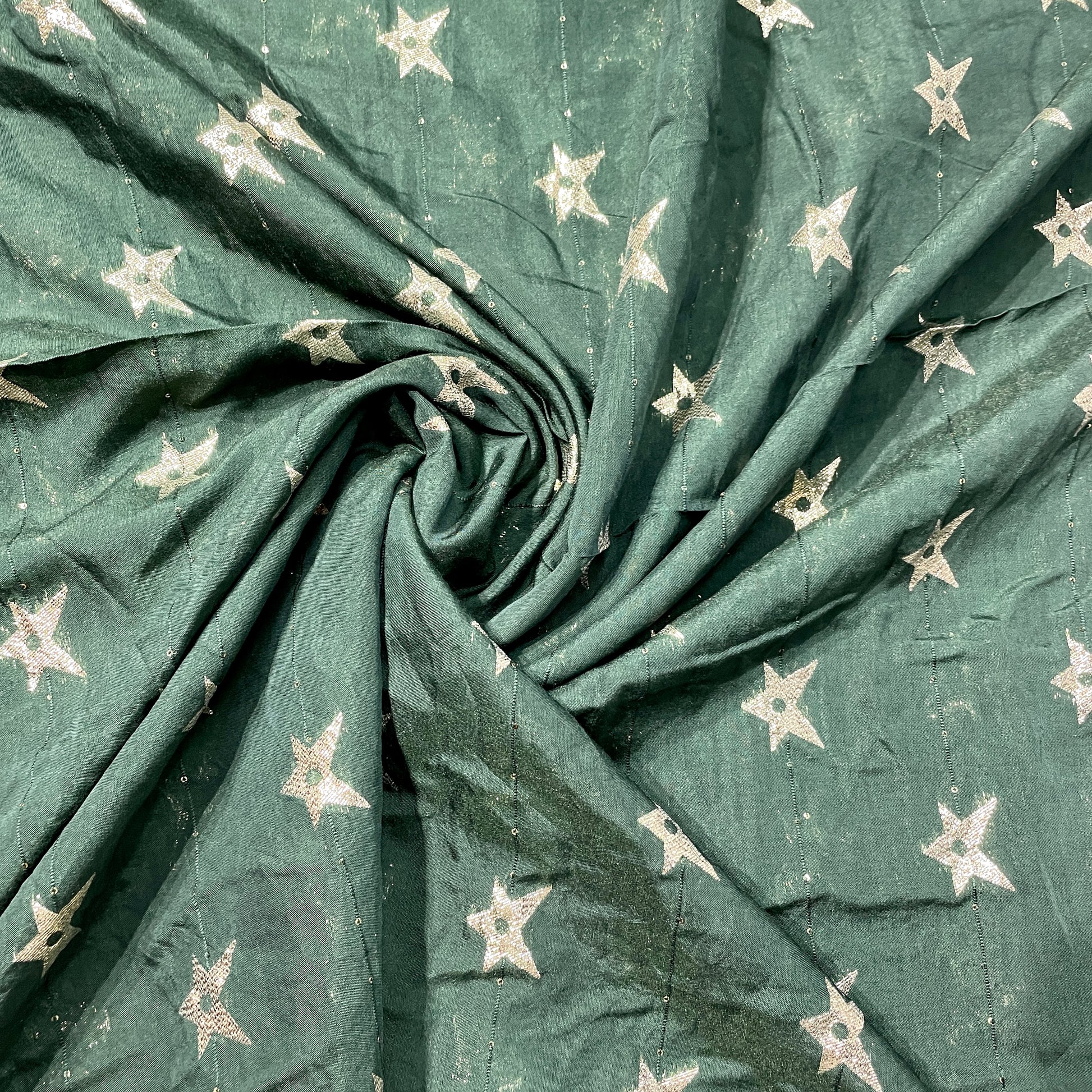 Dark Green Geometrical Zari Embroidery Sequence Chanderi Fabric - TradeUNO
