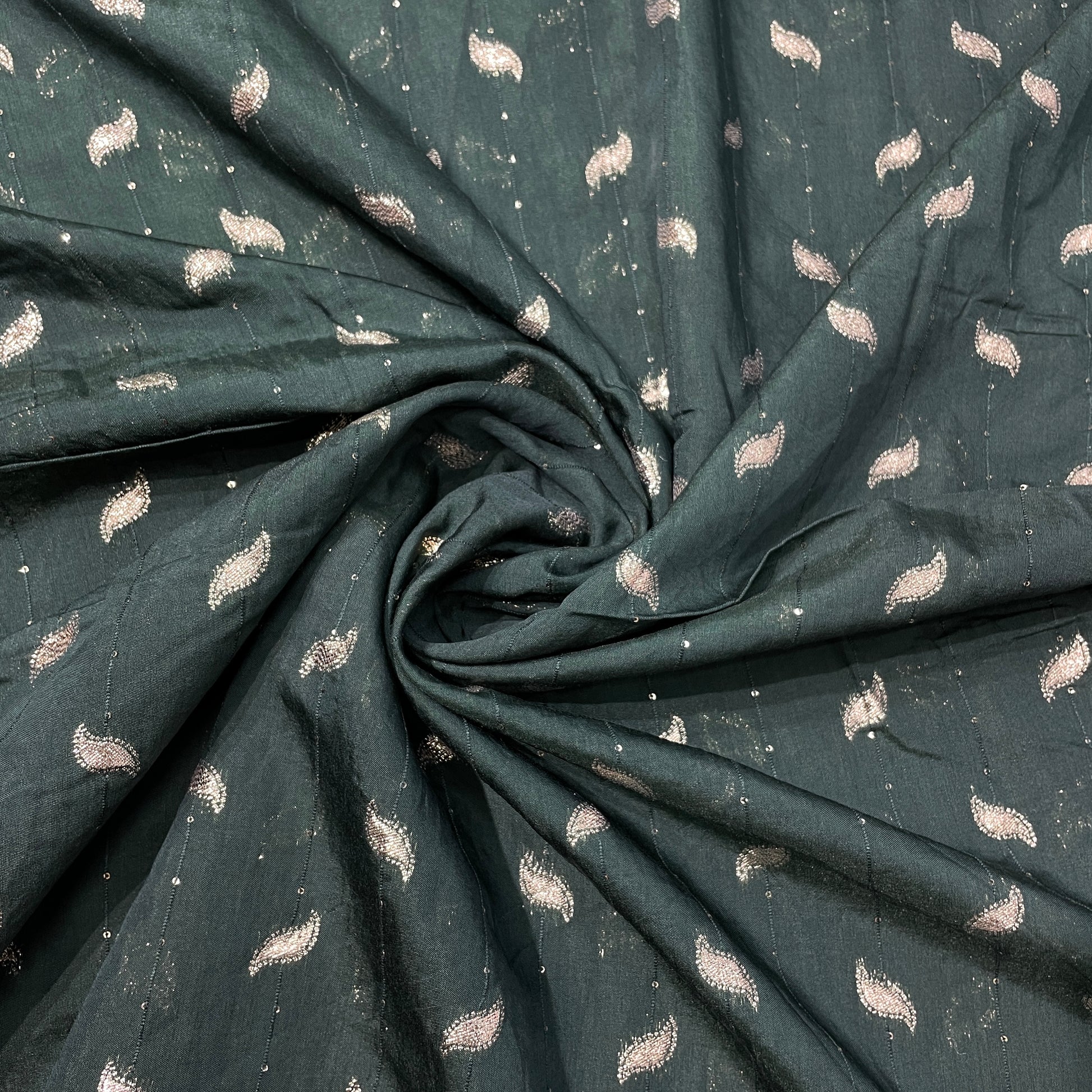 Dark Green Zari Embroidery Sequence Chanderi Fabric - TradeUNO