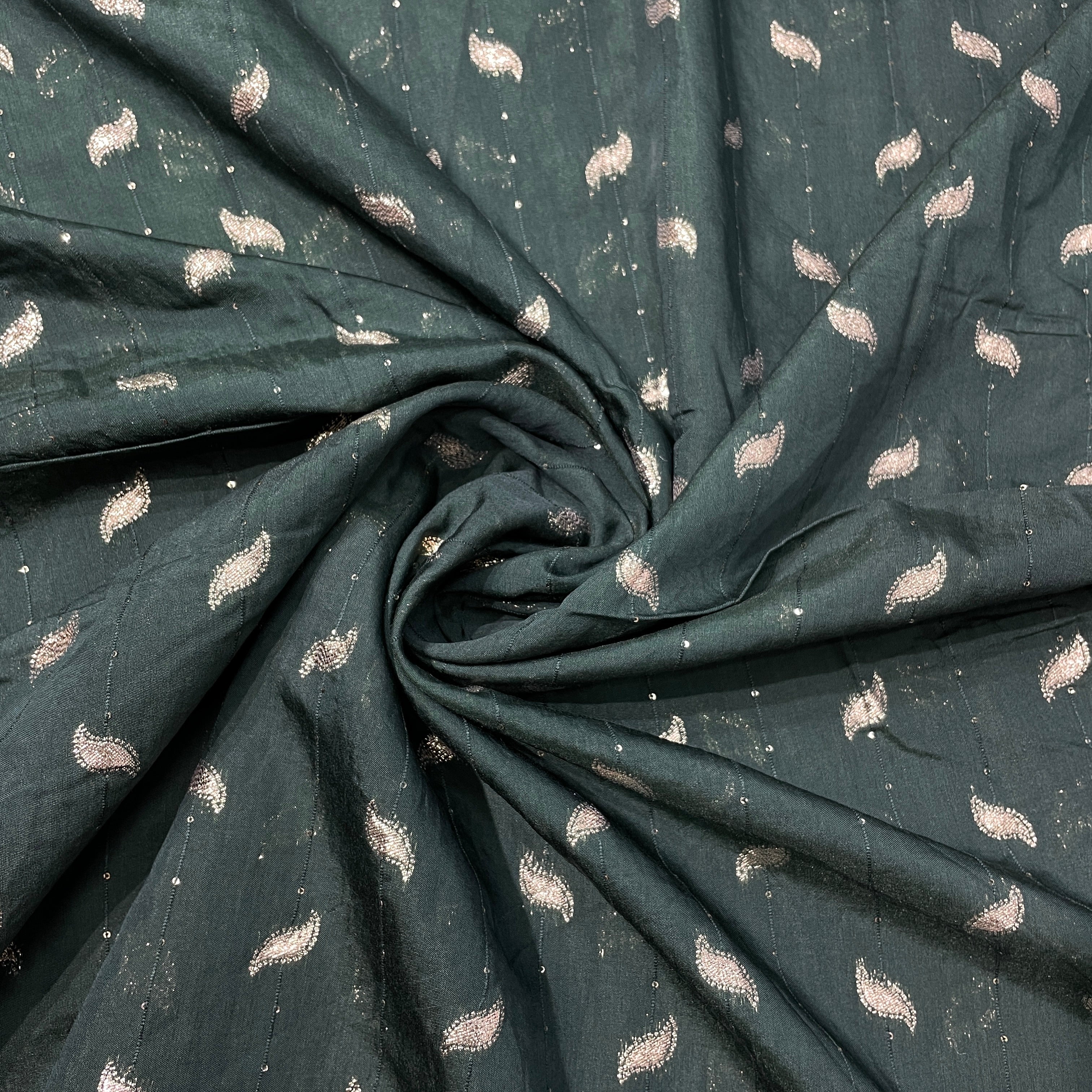 Dark Green Zari Embroidery Sequence Chanderi Fabric - TradeUNO
