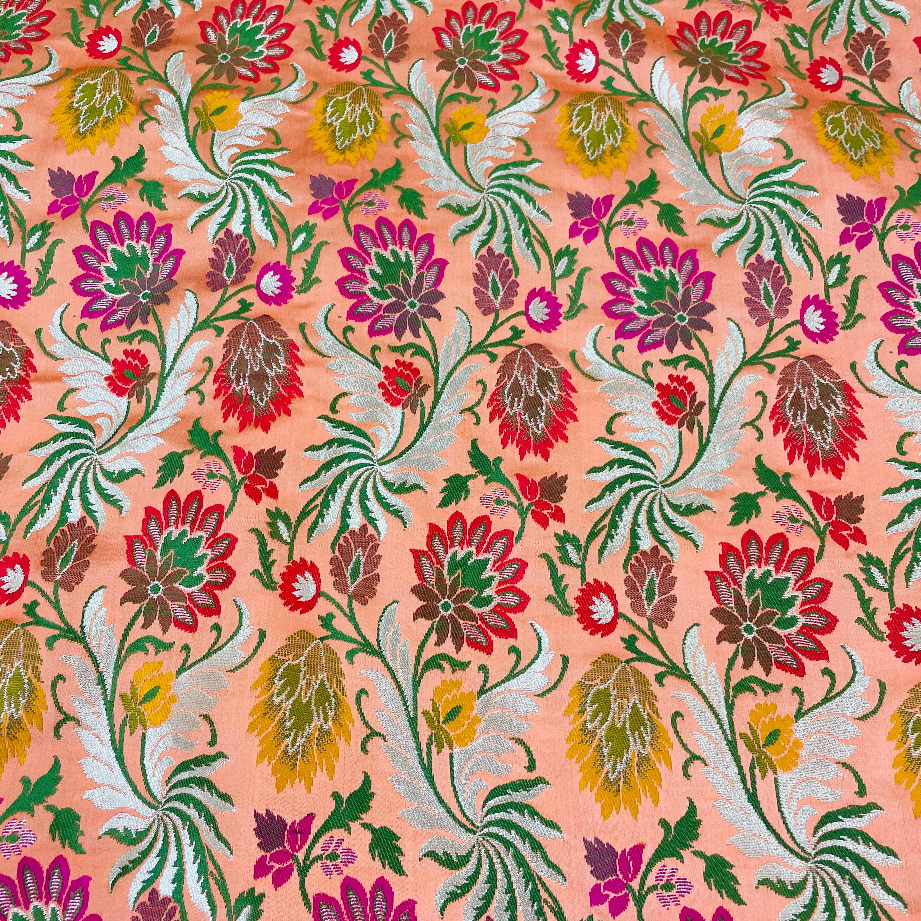 Premium Salmon Pink Floral Zari Khimkhwab Banarasi Silk