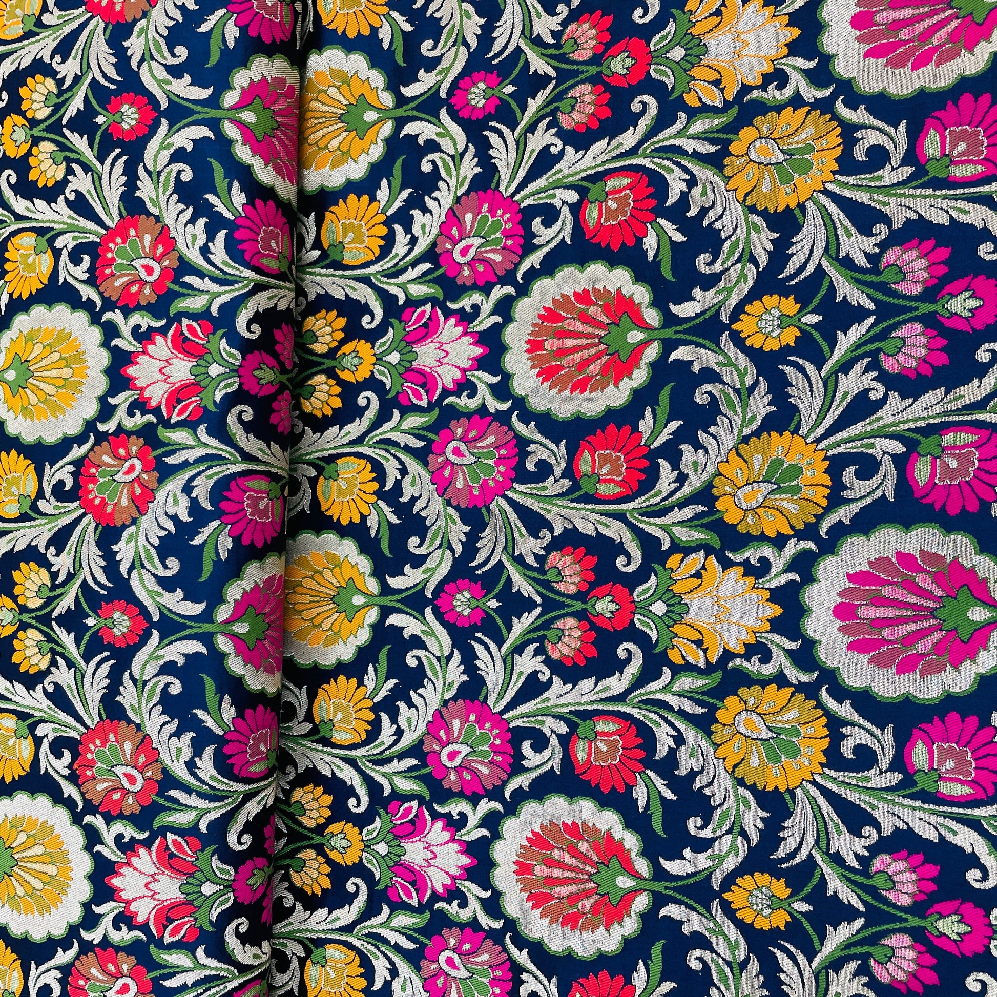 Premium Navy Blue Floral Zari Khimkhwab Banarasi Silk