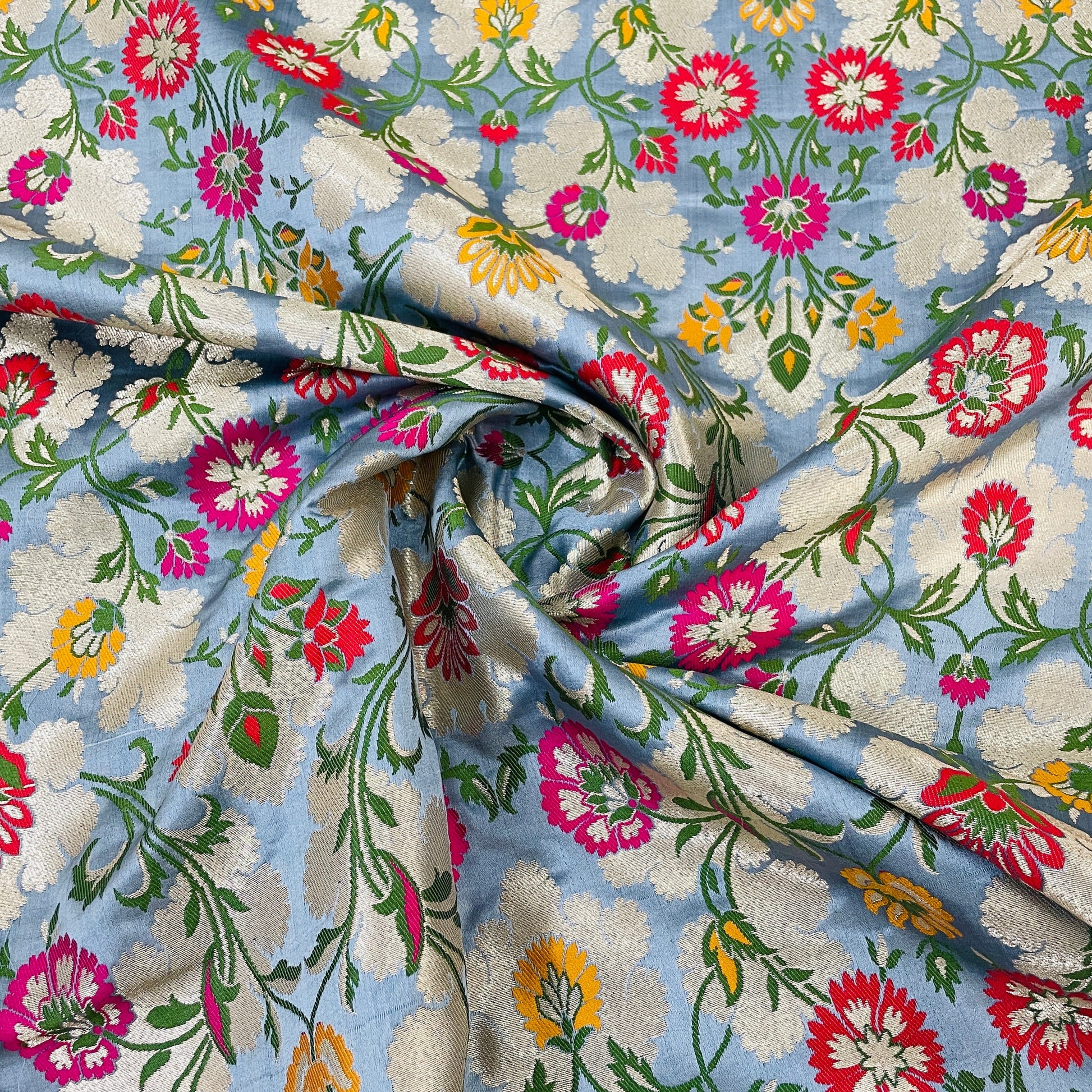 Premium Dull Blue Floral Zari Khimkhwab Banarasi Silk
