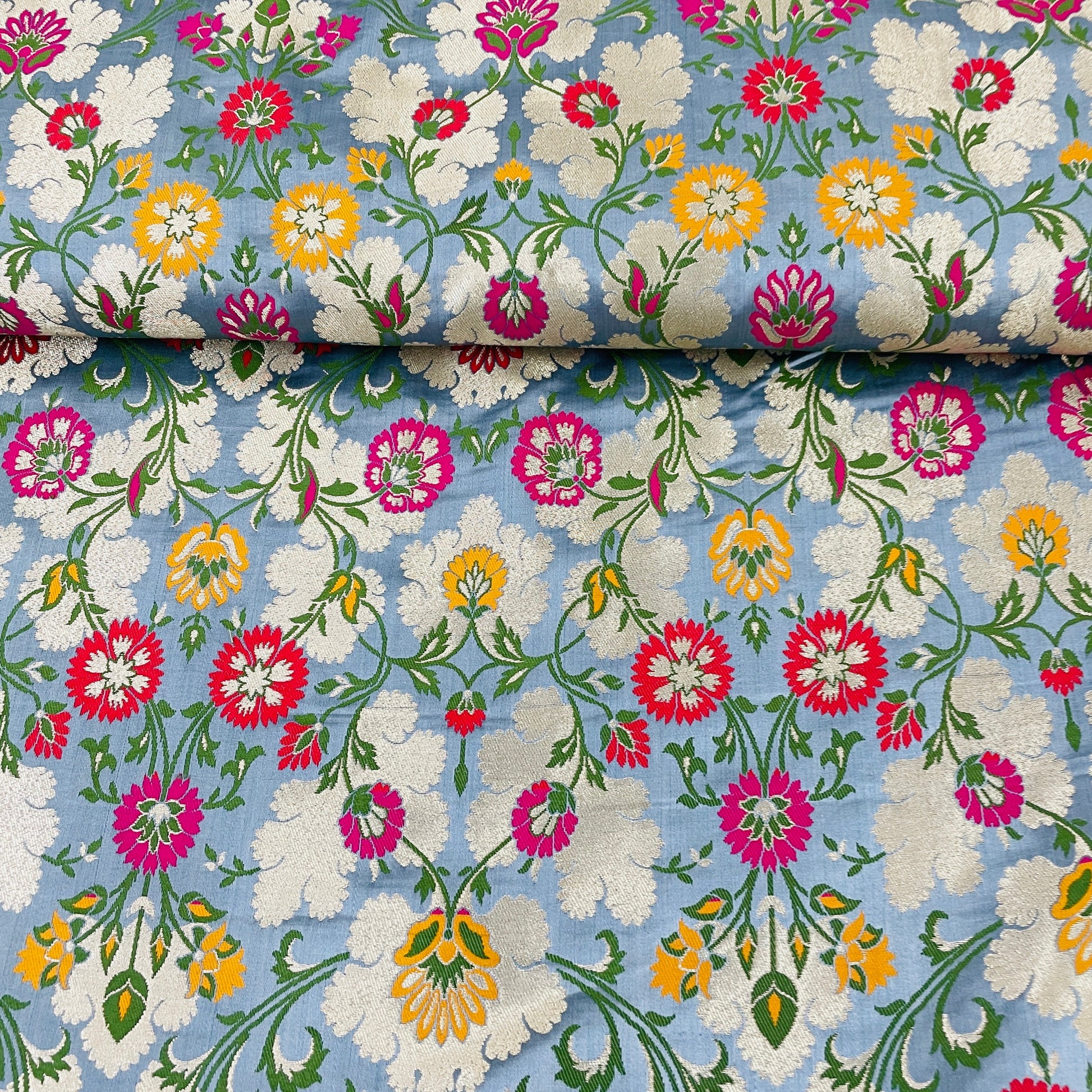 Premium Dull Blue Floral Zari Khimkhwab Banarasi Silk