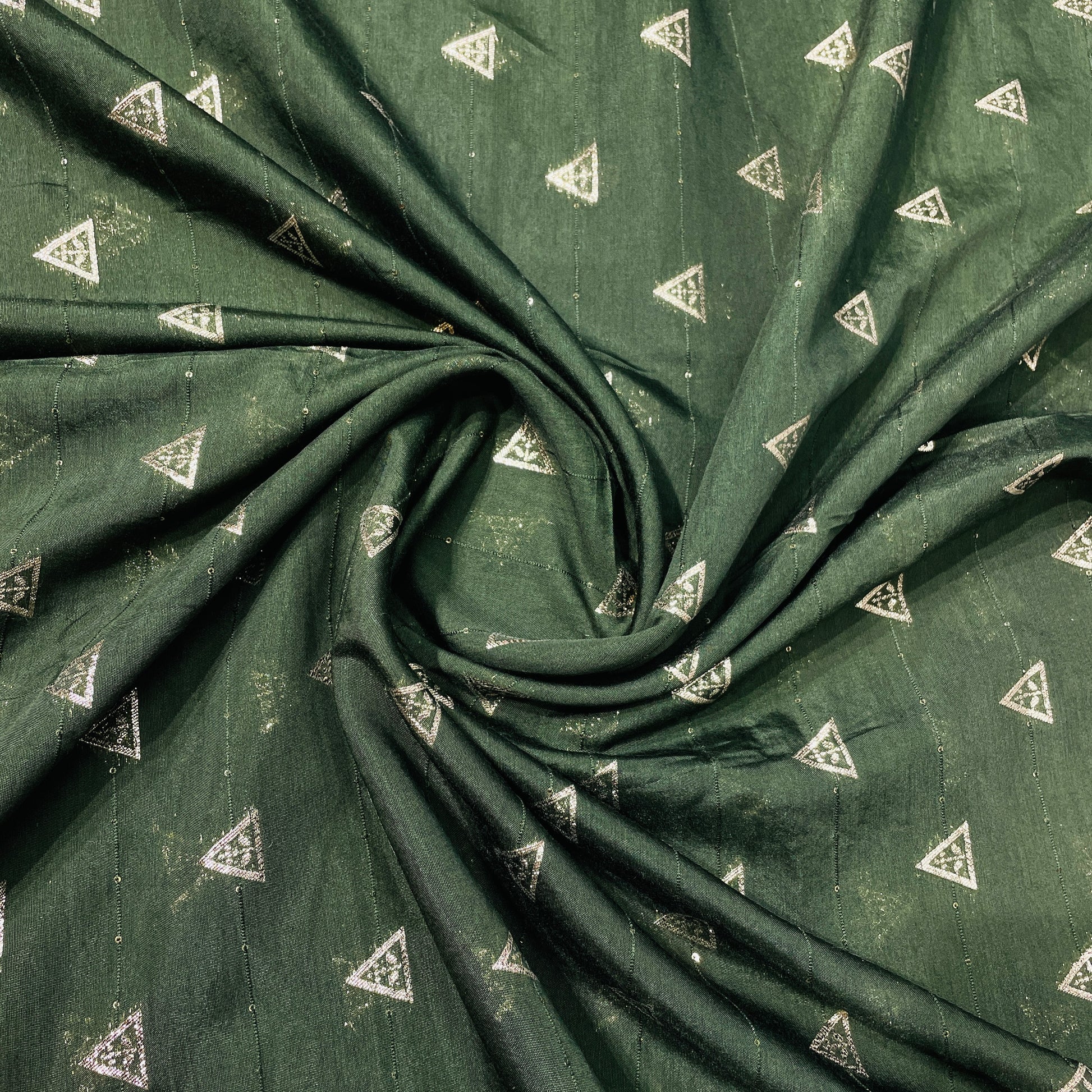 Dark Green Traditional Zari Embroidery Sequence Chanderi Fabric - TradeUNO