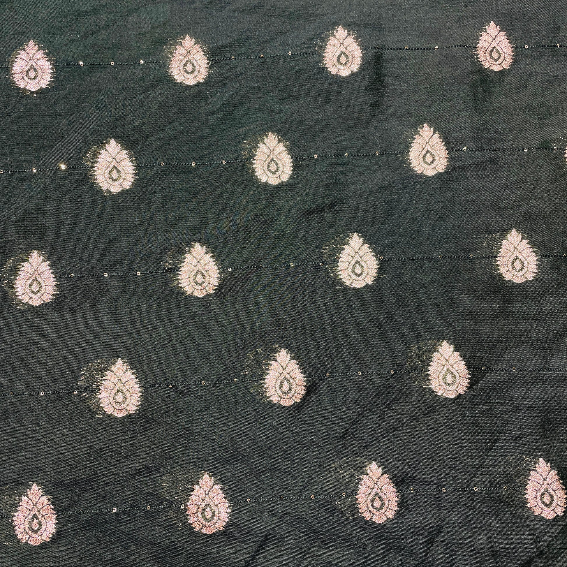 Dark Green Traditional Zari Embroidery Sequence Chanderi Fabric - TradeUNO